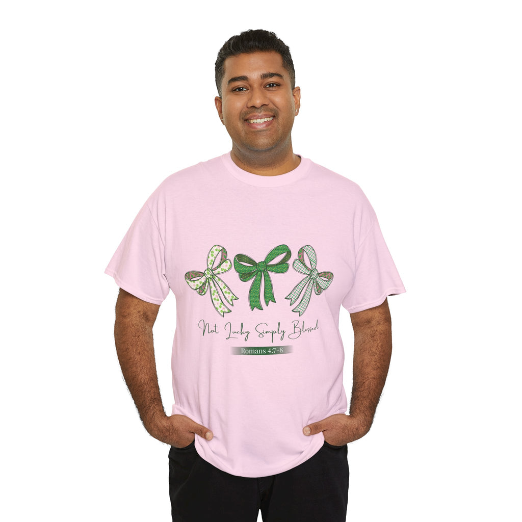 Not Lucky Simply Blessed Tee — Romans 4:7-8 Green Bow Christian Unisex Cotton T-Shirt