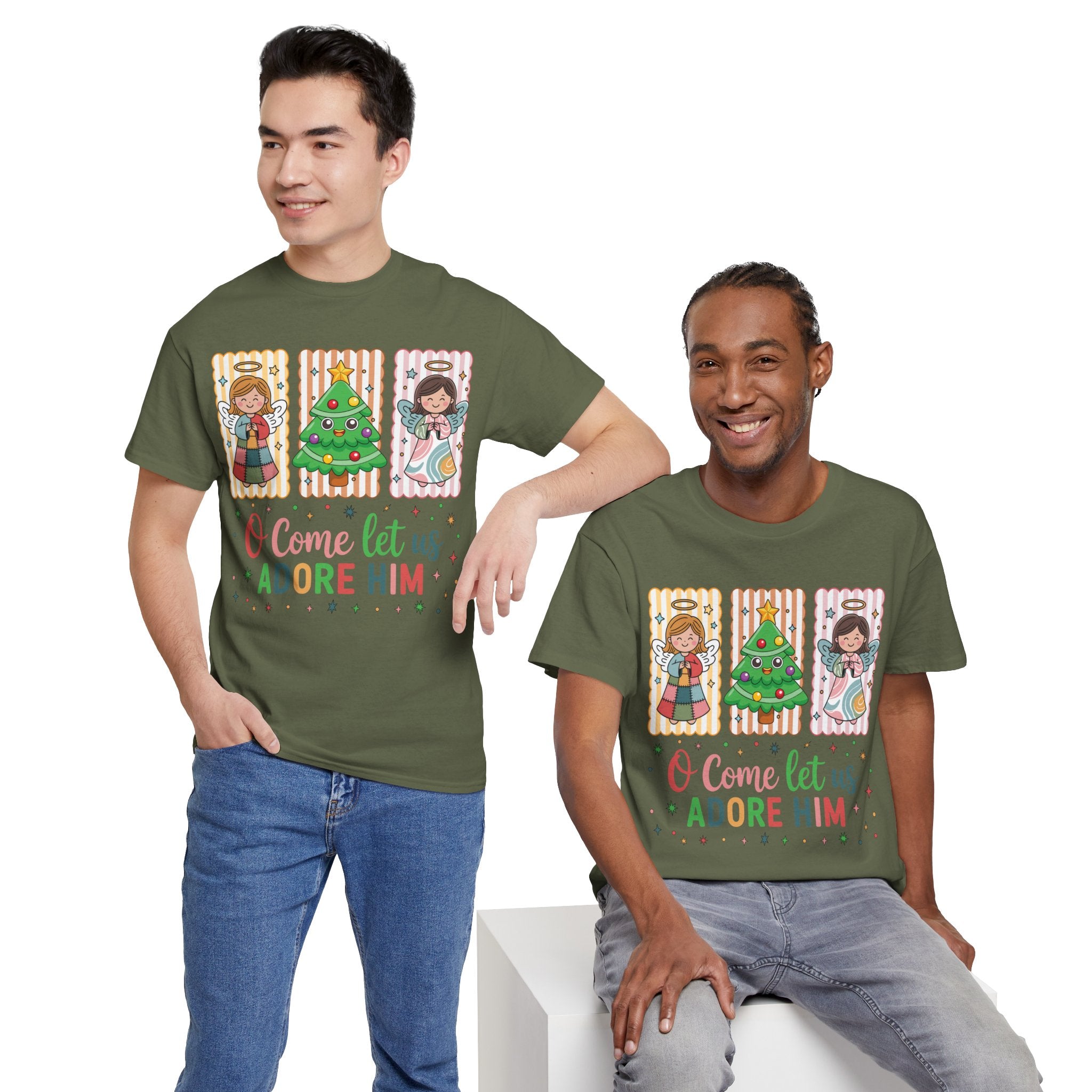 O Come Let Us Adore Him Christmas Tee — Smiling Angels & Happy Tree..Unisex Cotton Tee