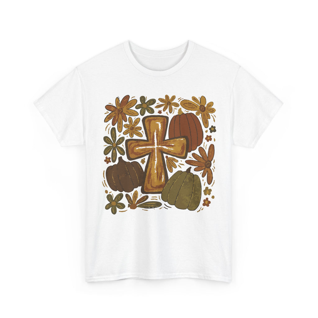 Autumn Cross Tee — Rustic Pumpkin & Fall Floral Christian Unisaex Cotton T-Shirt