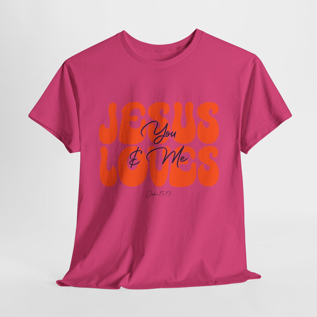 Jesus Loves You & Me Retro Tee — Playful Orange Bubbly Christian Unisex Cotton T-Shirt