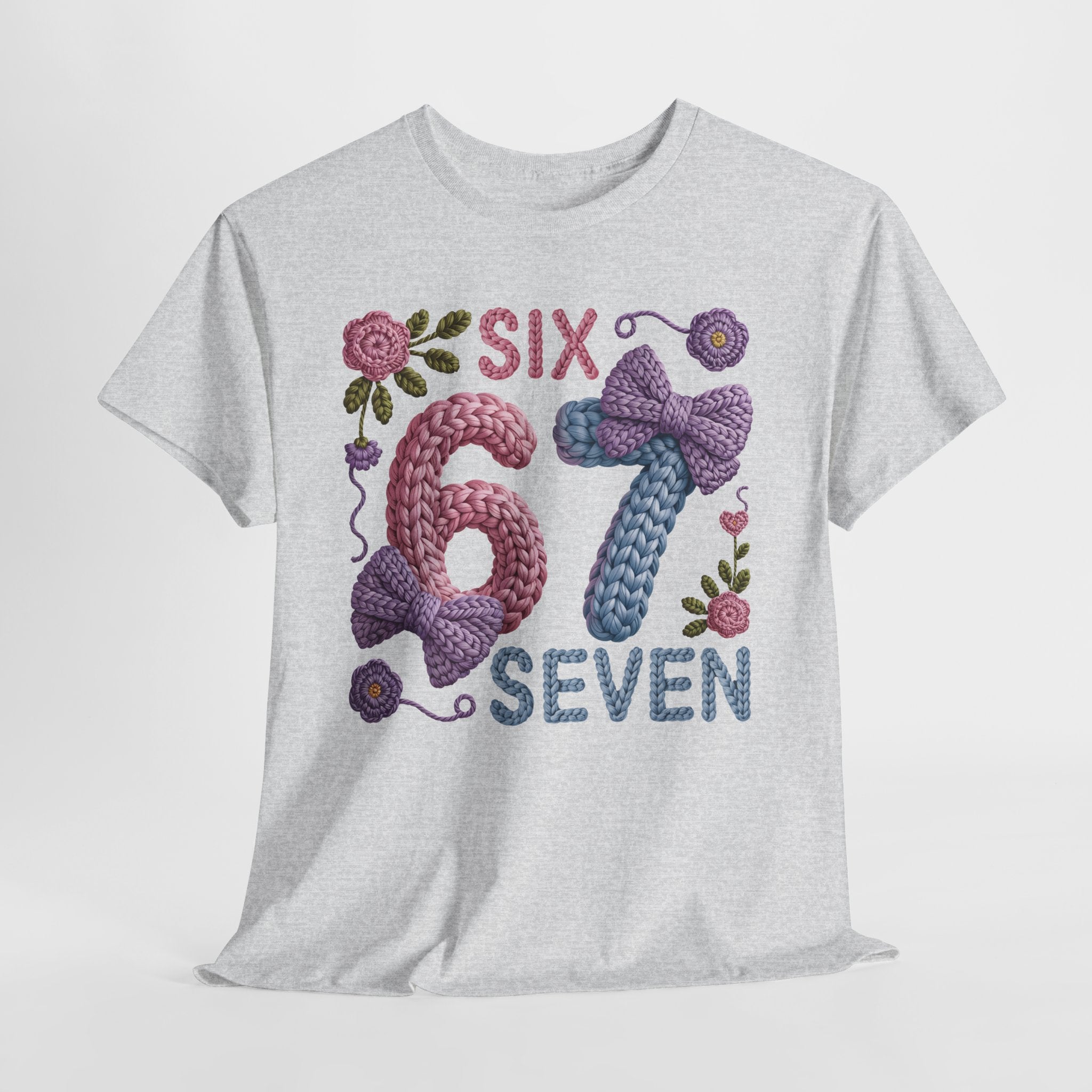 Pastel Crochet Numbers 6 & 7 Tee — Faux-Yarn Bows & Flowers. Unisex Cotton Tee