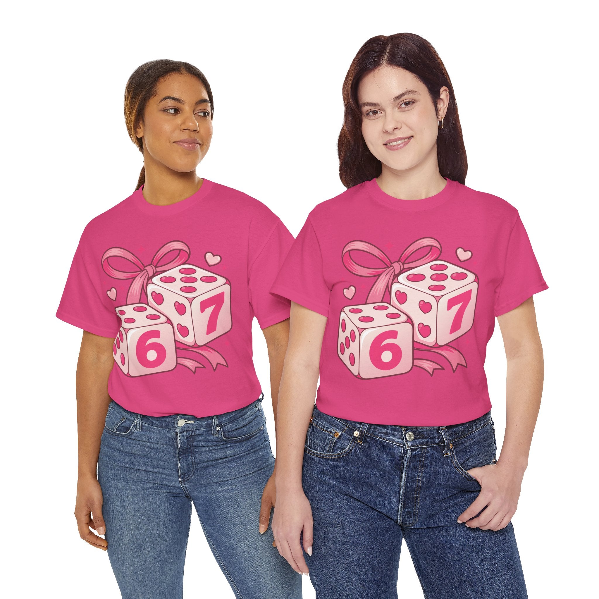 Lucky Love Dice T-Shirt — Pink Heart Dice with Bow..Unisex Cotton Tee