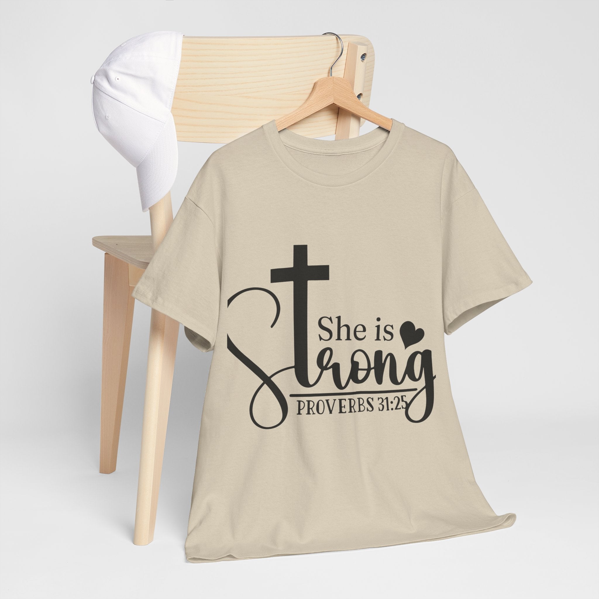 Proverbs 31:25 'She is Strong' T-Shirt – Christian Cross & Heart Unisex Cotton Tee