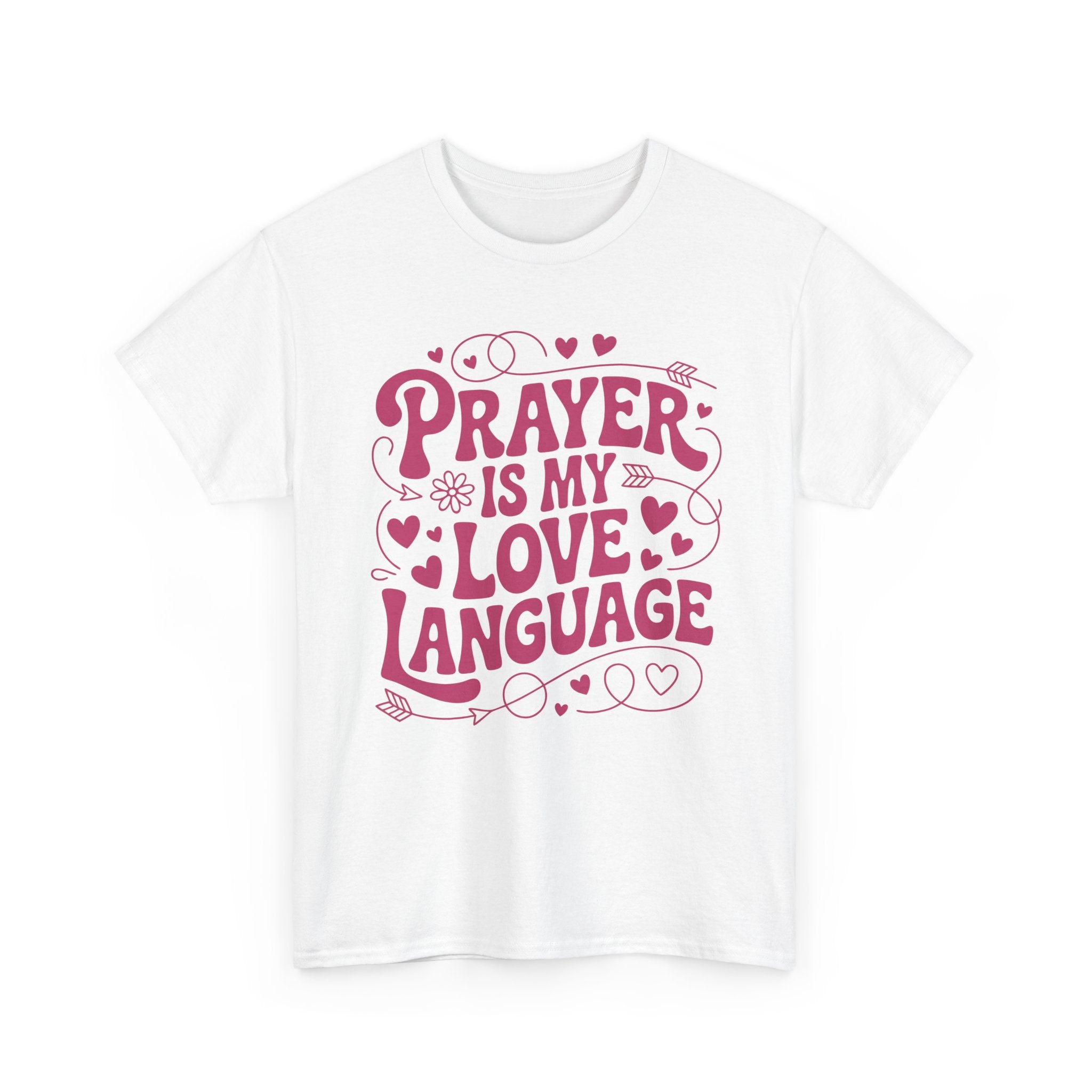 Prayer Is My Love Language Christian Tee — Pastel Pink Hearts Unisex Cotton Tee