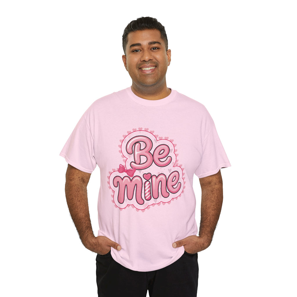 Be Mine Valentine T-Shirt — Pink Bubble Letters with Hearts & Bow..Unisex Cotton Tee