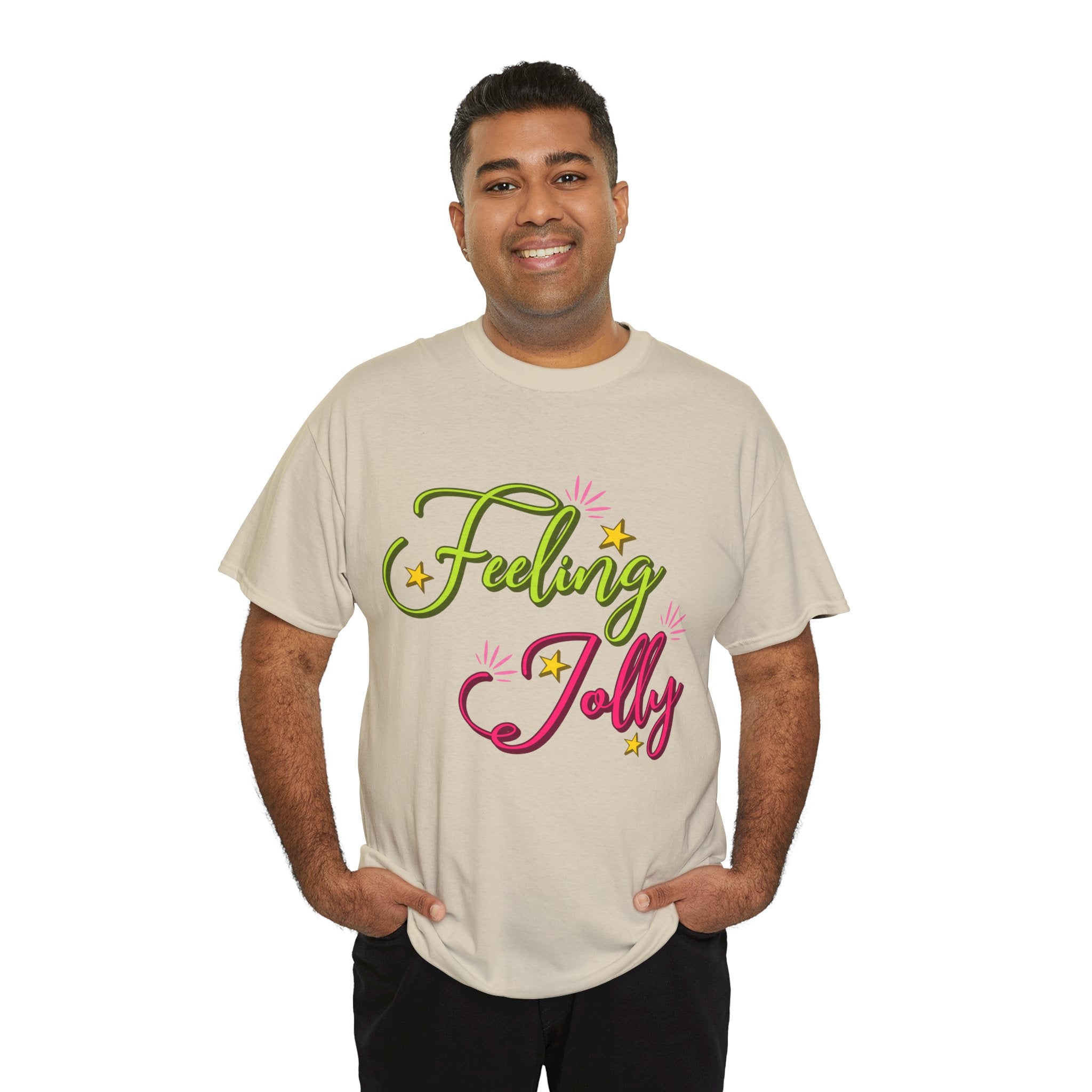 Feeling Jolly Tee — Festive Green & Pink Script with Yellow Stars Unisex Cotton Tee