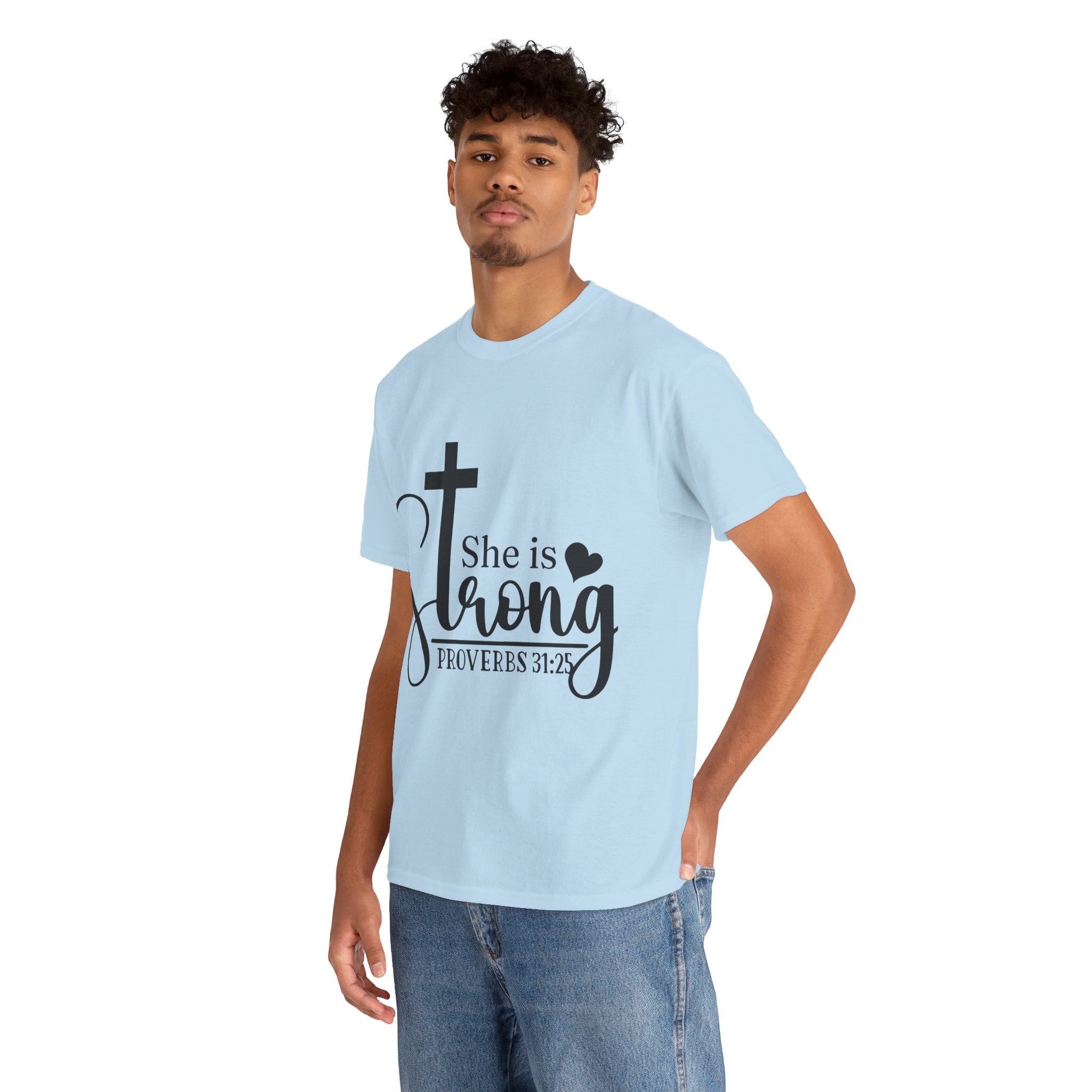 Proverbs 31:25 'She is Strong' T-Shirt – Christian Cross & Heart Unisex Cotton Tee