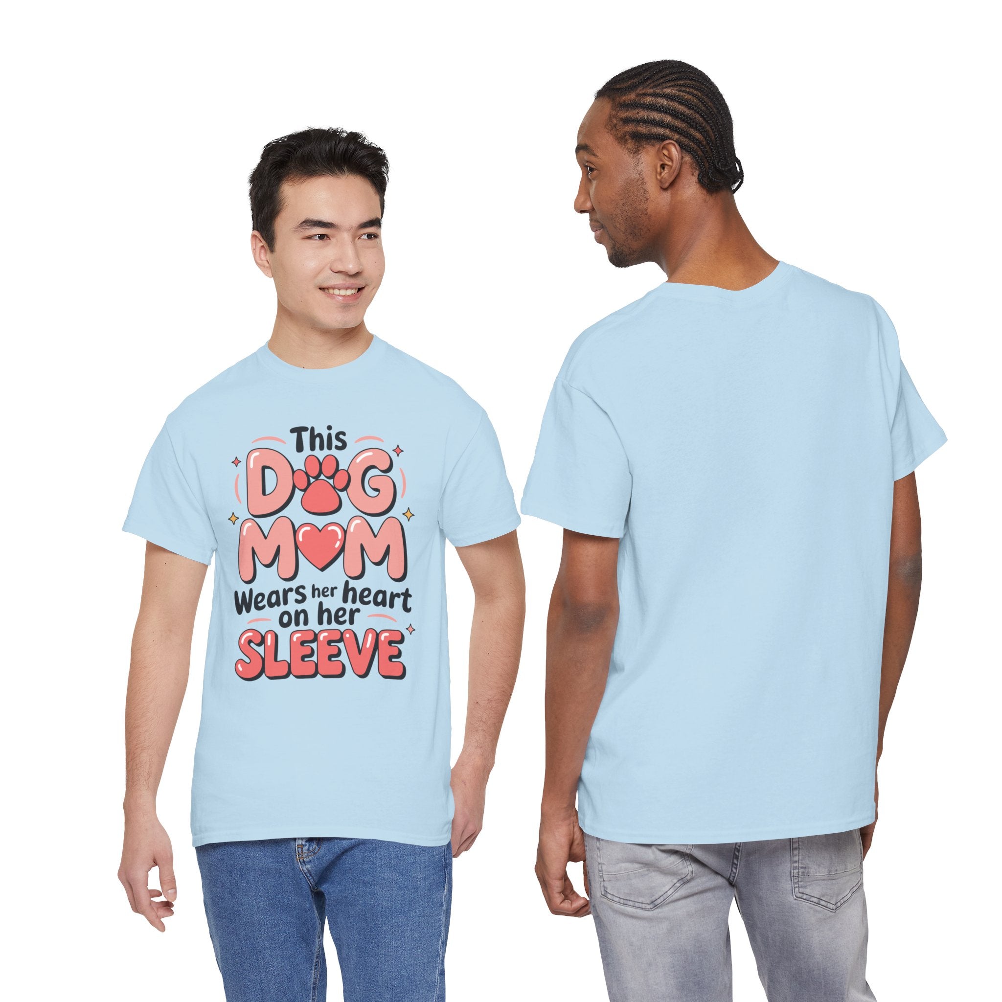 Dog Mom T-Shirt — "This Dog Mom Wears Her Heart on Her Sleeve" Paw & Heart Unisex Cotton Tee