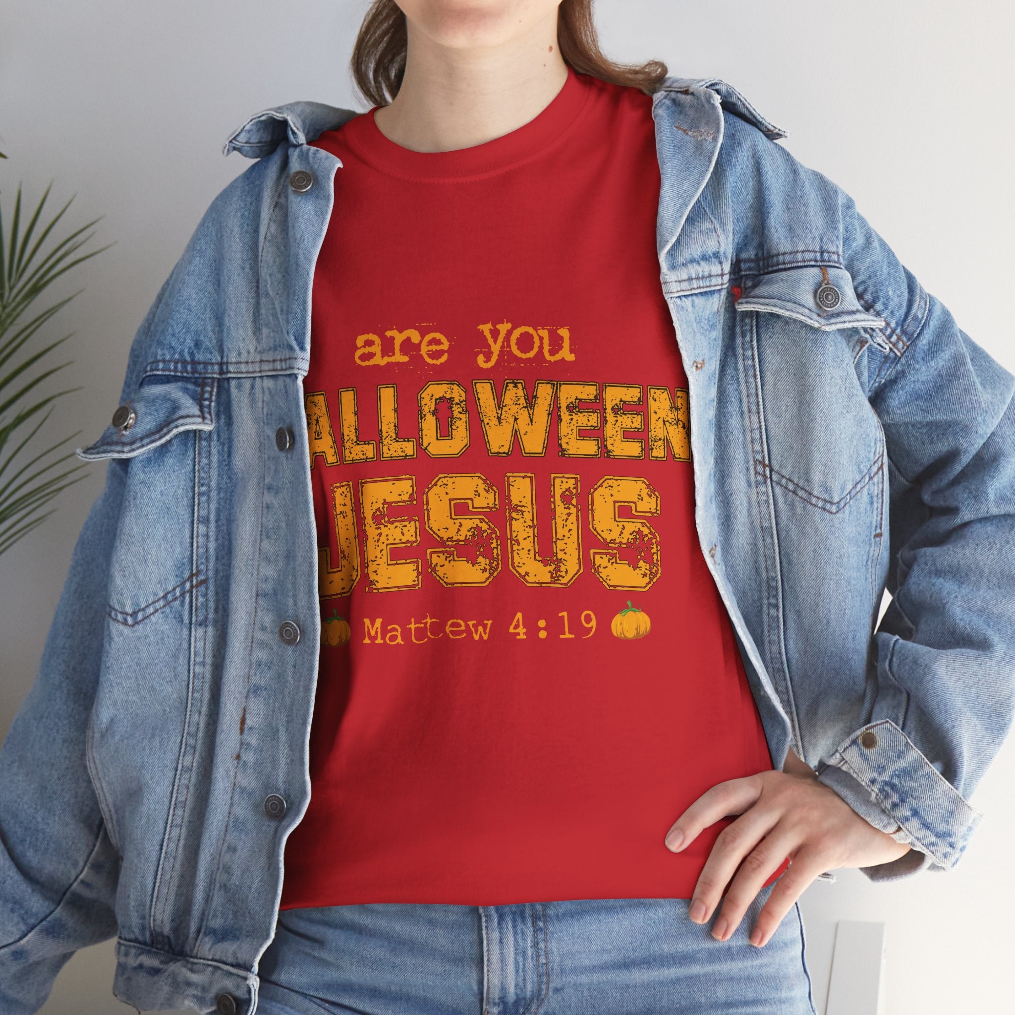 Christian Halloween T-Shirt — “Are You Falloween Jesus? Matthew 4:19” Distressed Pumpkin Design. Unisex Cotton Tee