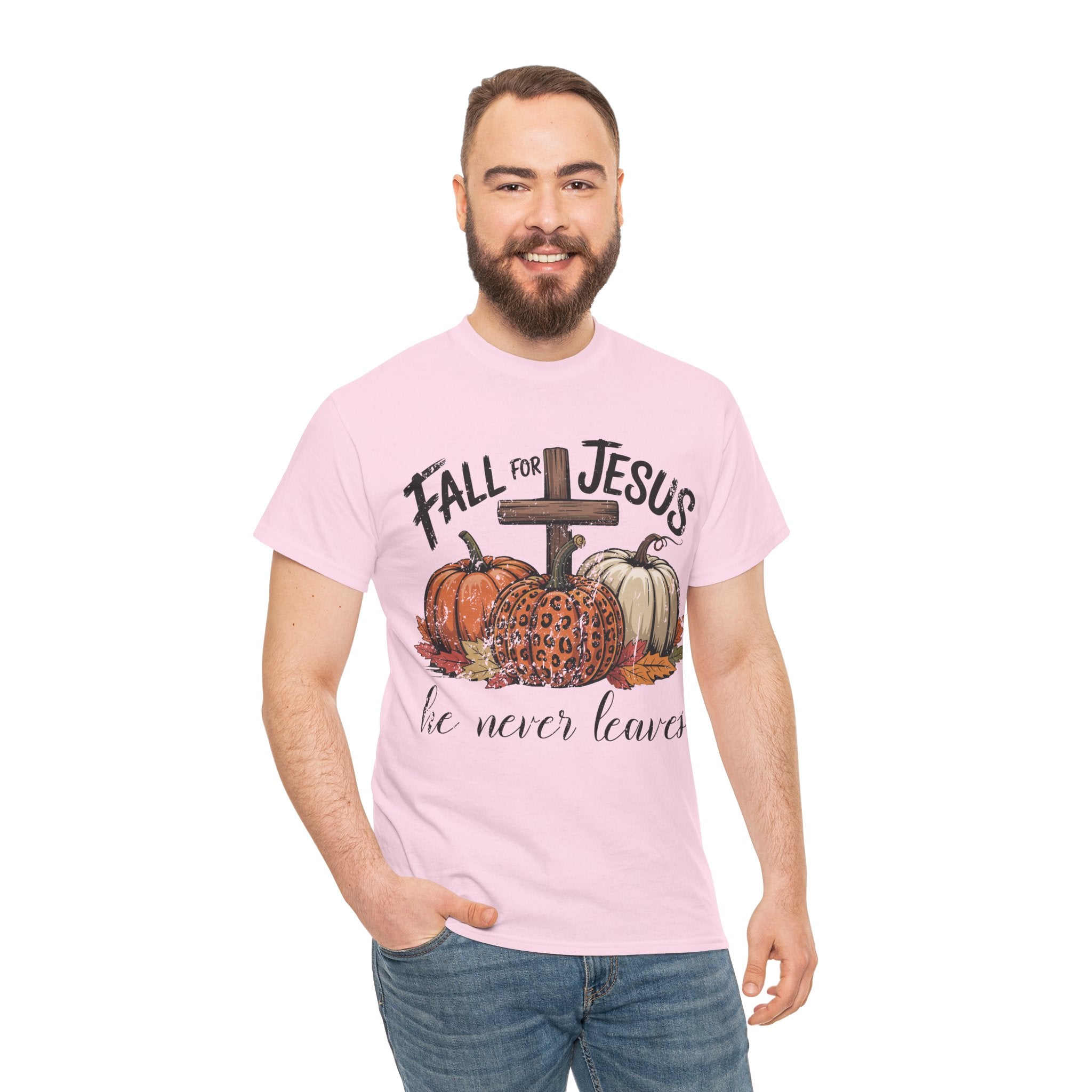 Fall for Jesus Pumpkin Cross Tee — "He Never Leaves" Autumn Christian Unisex Cotton T-Shirt