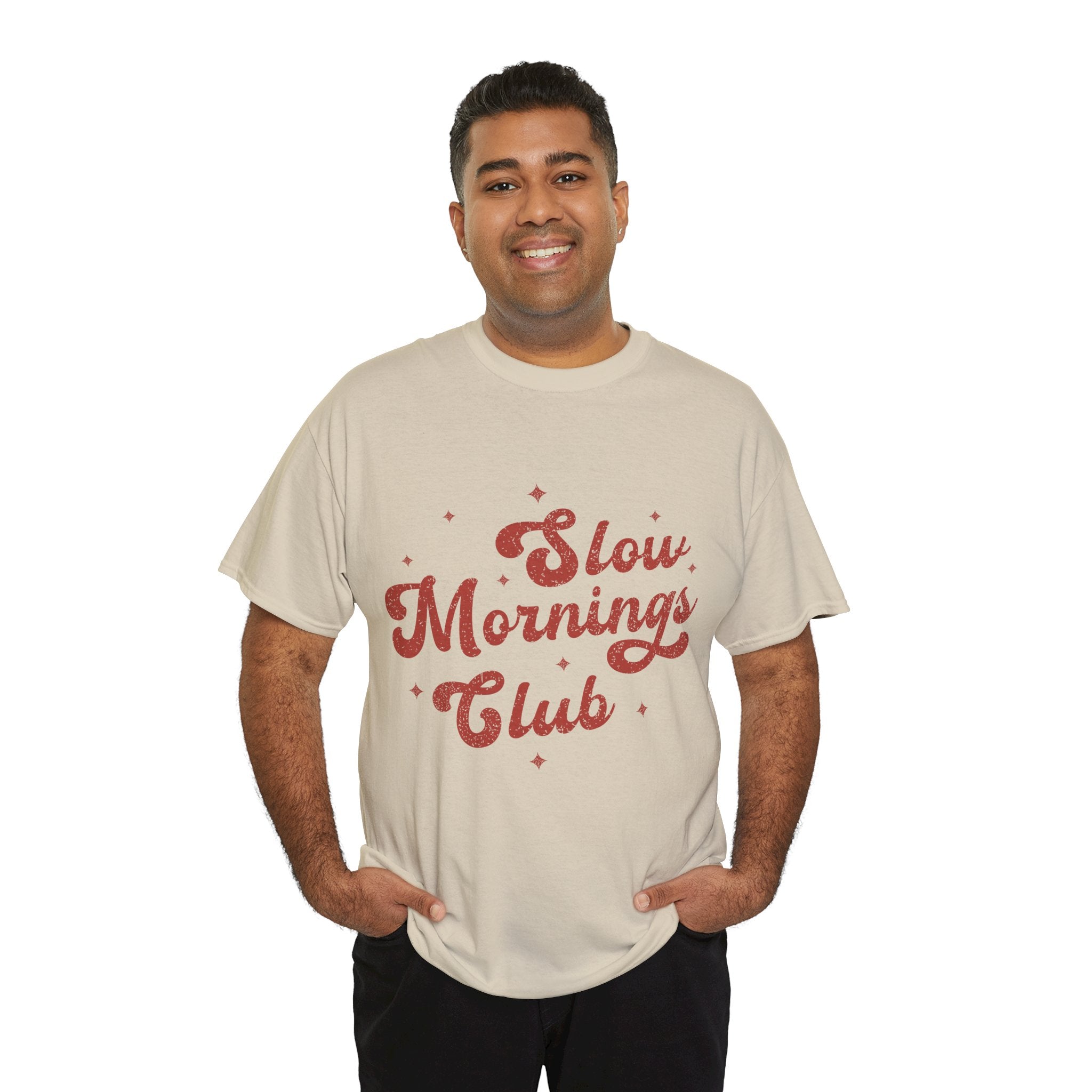 Slow Mornings Club T-Shirt — Retro Red Sparkle Unisex Cotton Tee