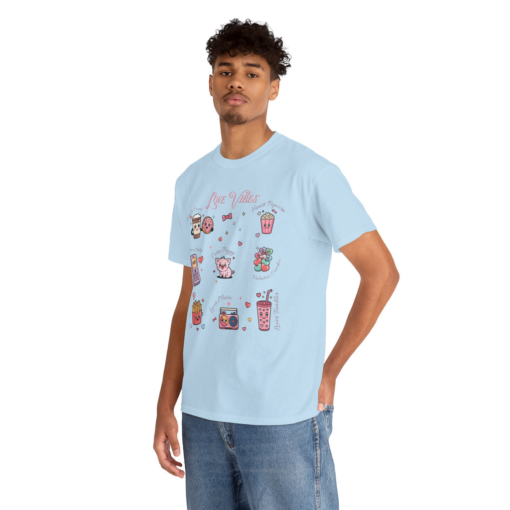 Love Vibes Kawaii Valentine T-Shirt — Cute Donut, Coffee & Piglet Design Unisex Cotton Tee