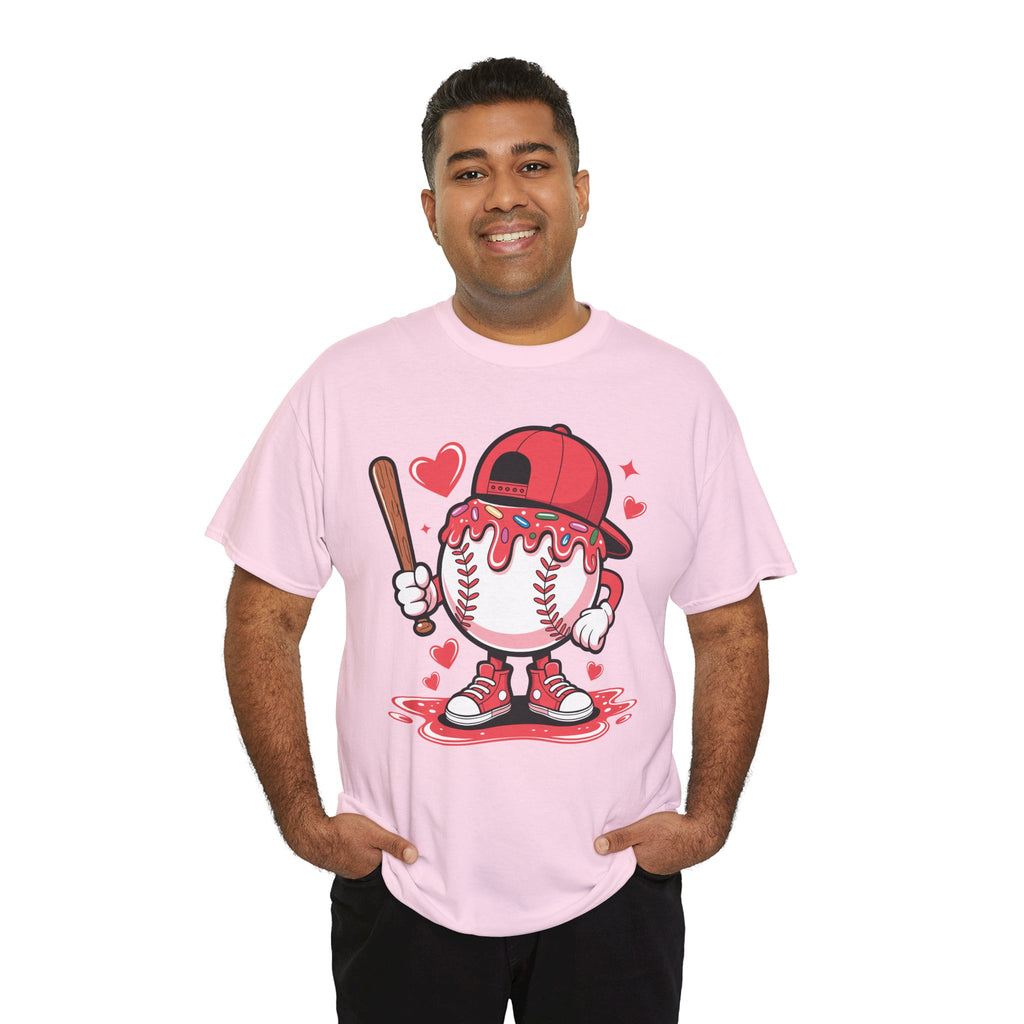 Cute Baseball Character T-Shirt — Red Cap & Icing Top Graphic with Hearts Unisex Cotton Tee