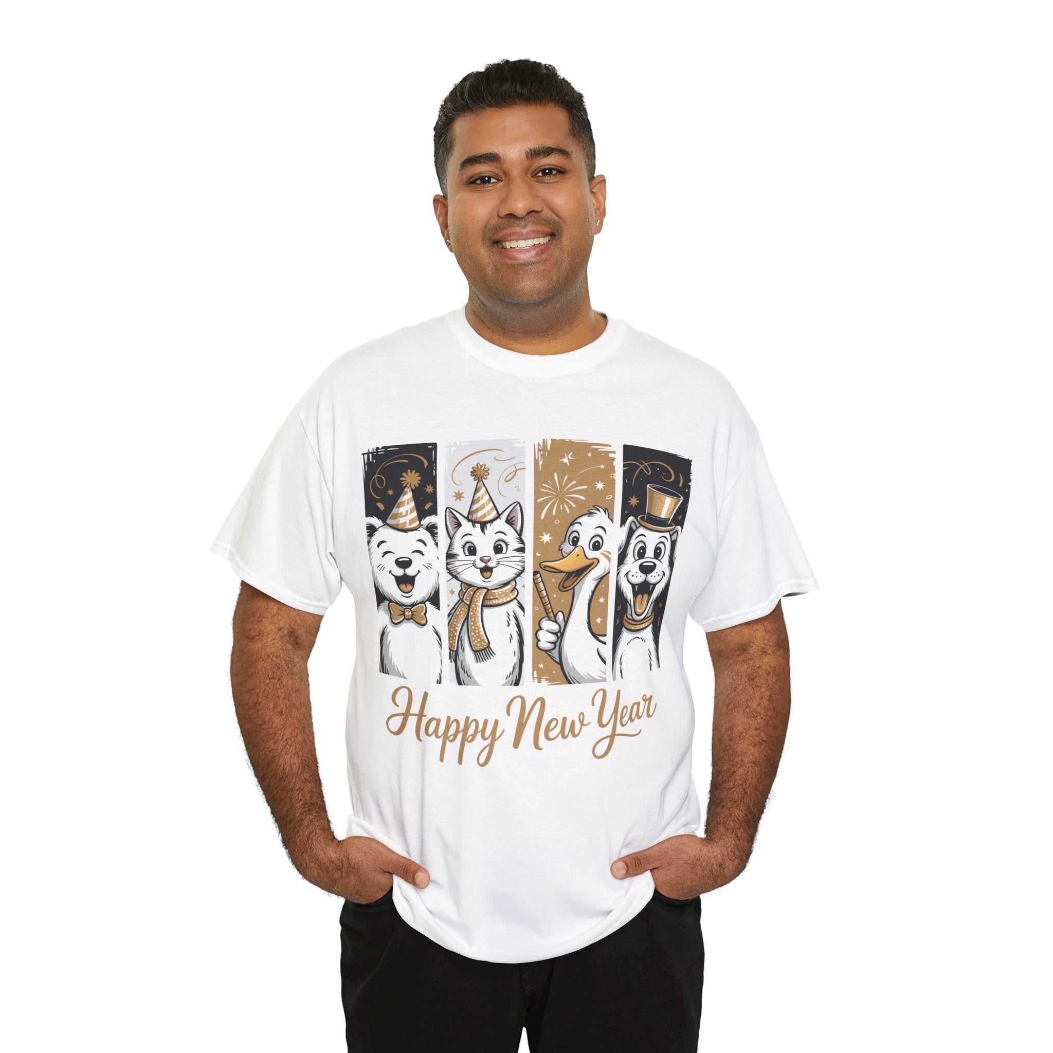 Happy New Year Party Animals T-Shirt — Cute Smiling Animals in Party Hats & Gold Fireworks..Unisex Cotton Tee