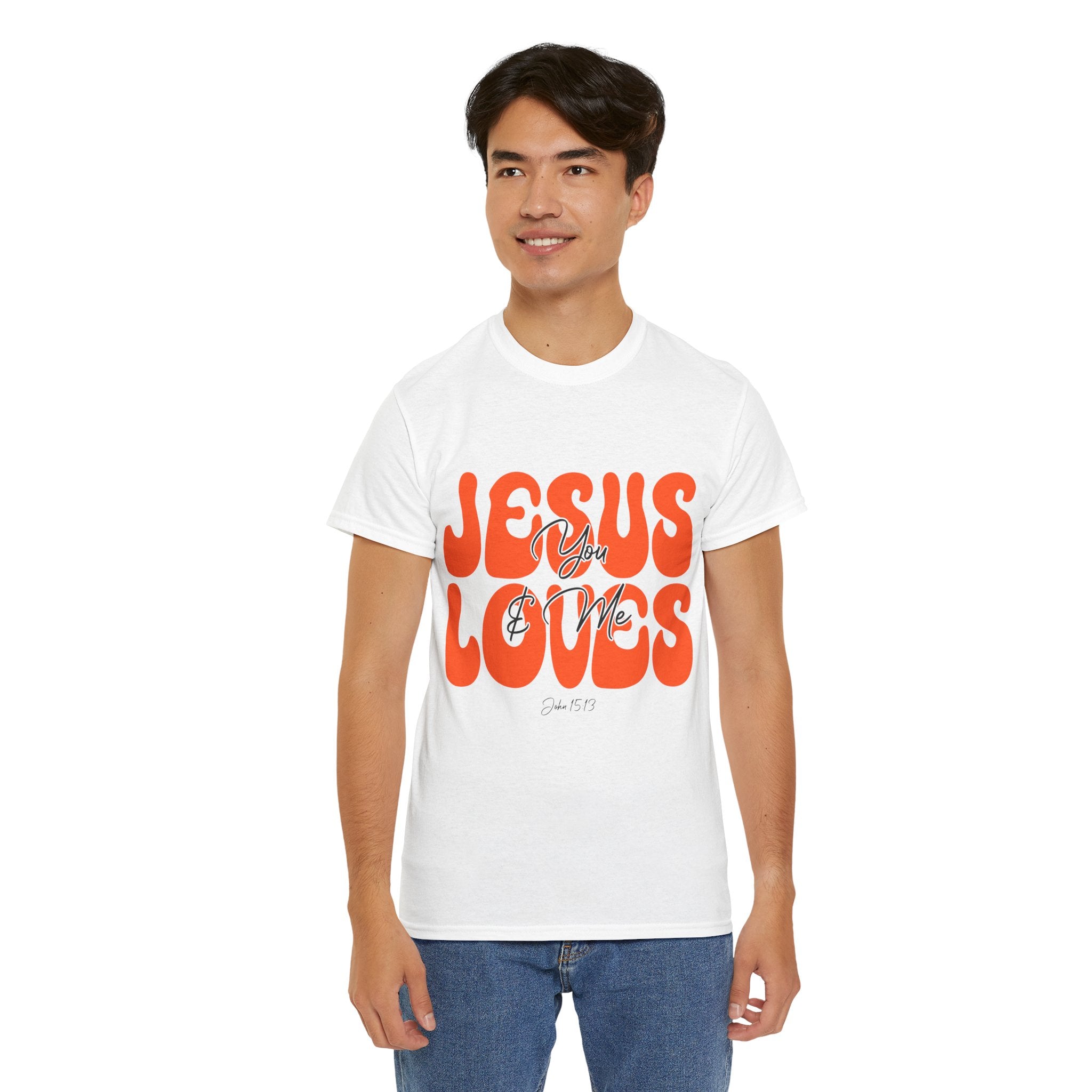 Jesus Loves You & Me Retro Tee — Playful Orange Bubbly Christian Unisex Cotton T-Shirt