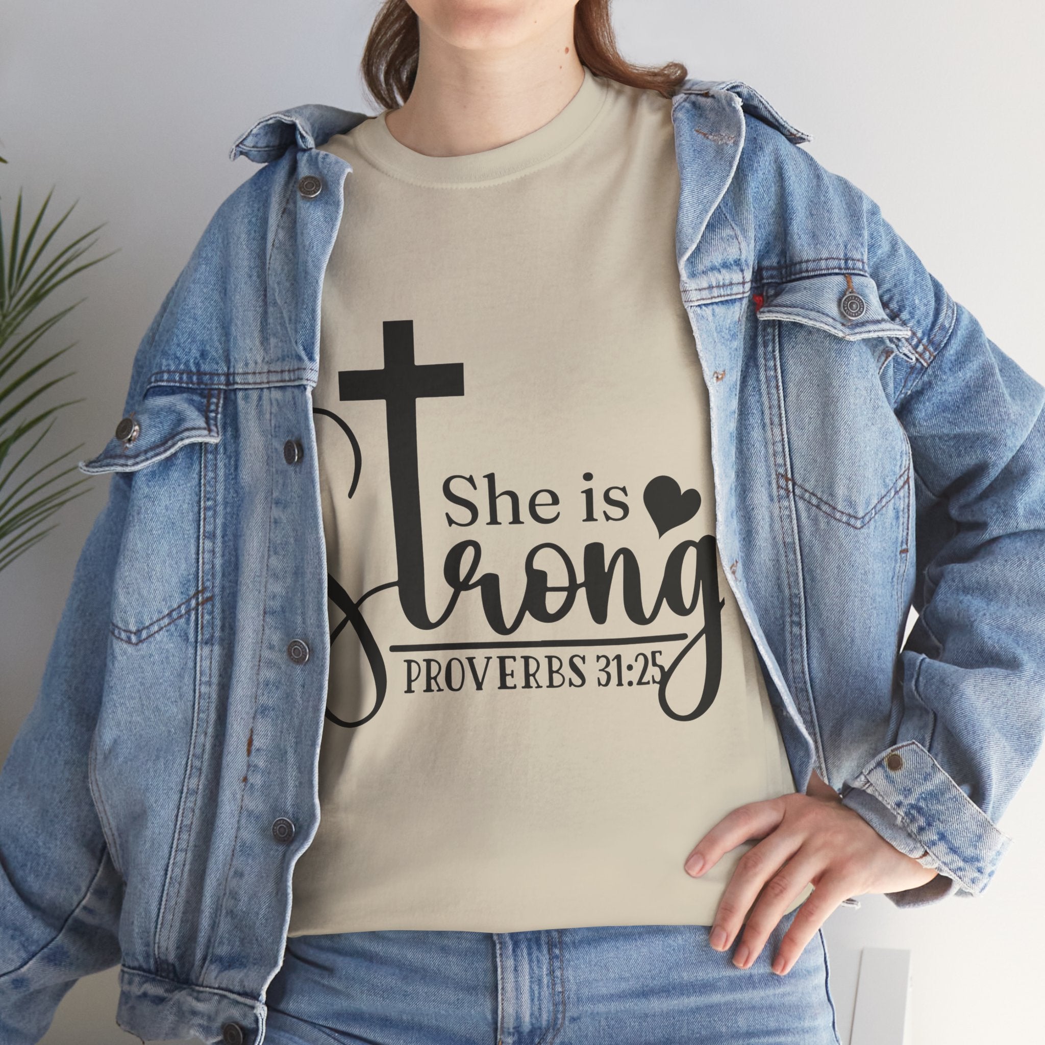 Proverbs 31:25 'She is Strong' T-Shirt – Christian Cross & Heart Unisex Cotton Tee