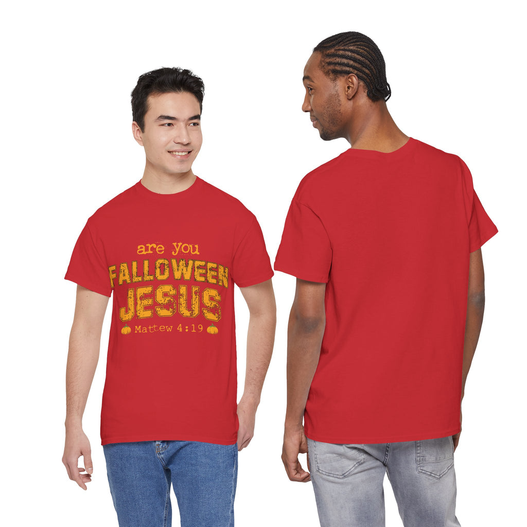 Christian Halloween T-Shirt — “Are You Falloween Jesus? Matthew 4:19” Distressed Pumpkin Design. Unisex Cotton Tee