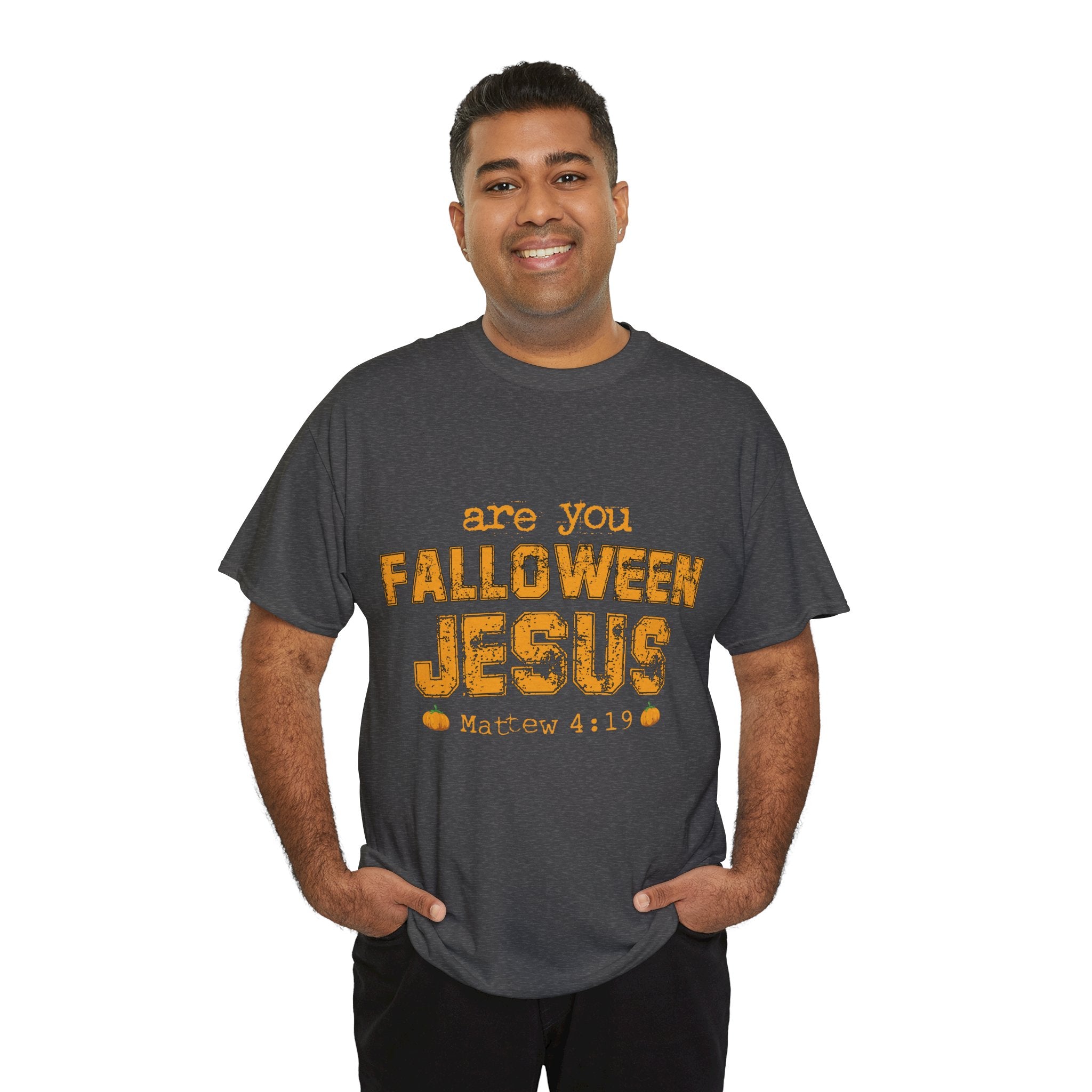 Christian Halloween T-Shirt — “Are You Falloween Jesus? Matthew 4:19” Distressed Pumpkin Design. Unisex Cotton Tee