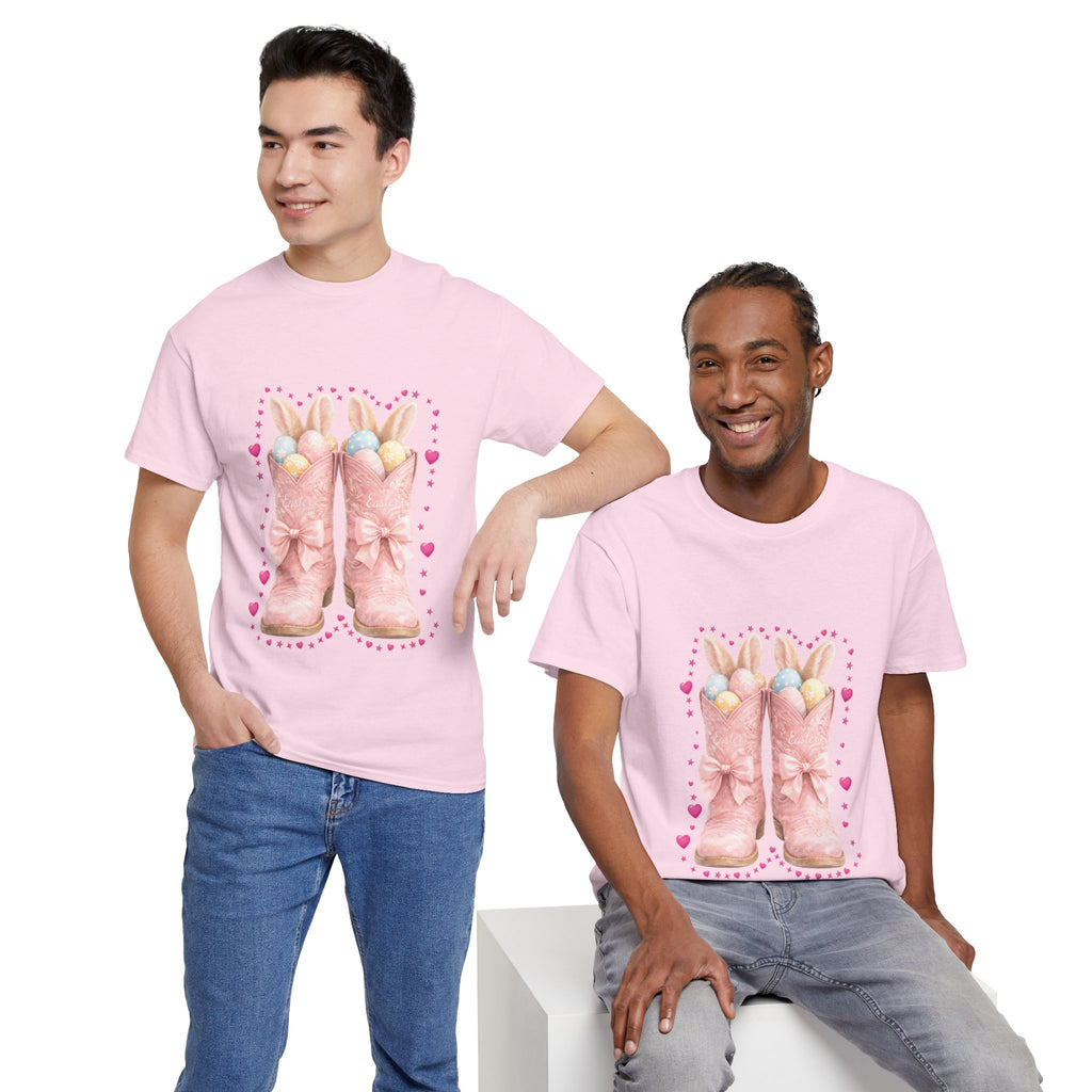 Easter Pink Western Boots Tee — Pastel Bunny Eggs & Bows Unisex Cotton Tee