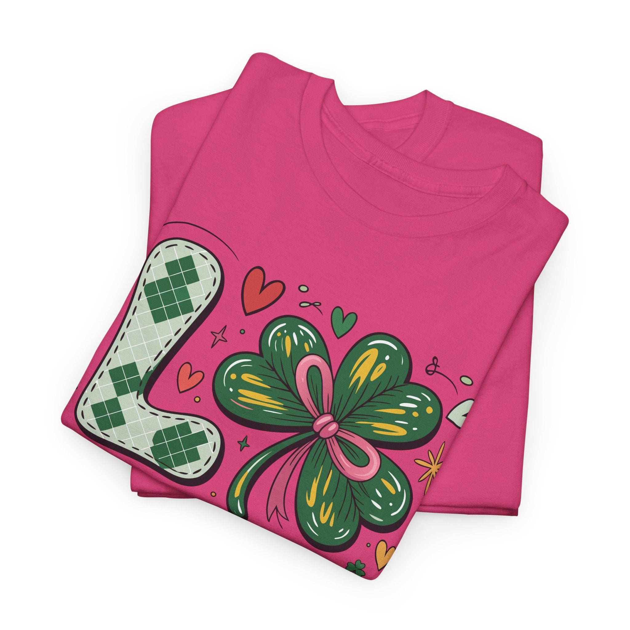 Stitched Clover 'LOVE' Tee — Heart & Patchwork St. Patrick's Unisex Cotton T-Shirt