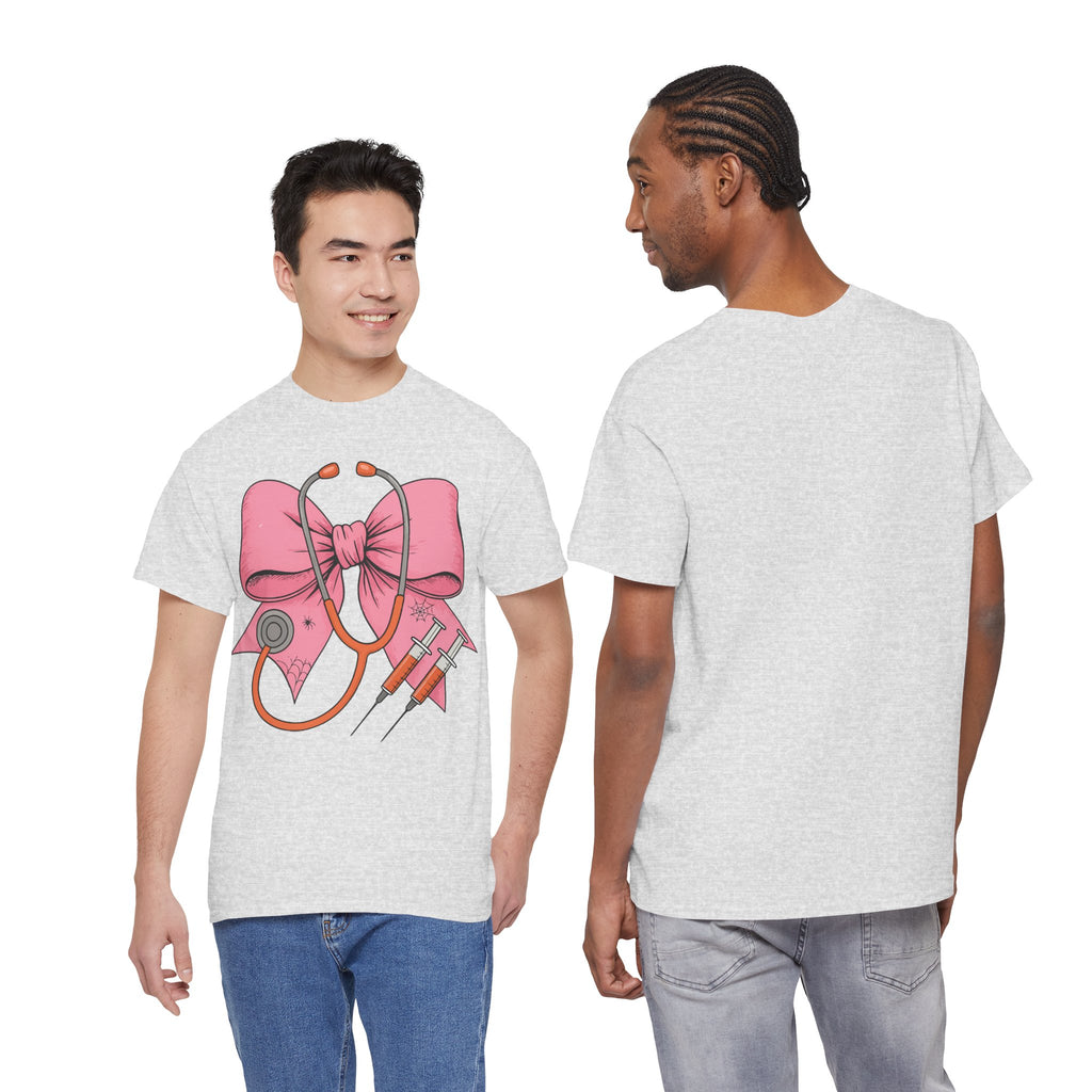 Halloween Nurse T‑Shirt — Pink Nurse Bow with Stethoscope, Syringes & Spider Webs..Unisex Cotton Tee