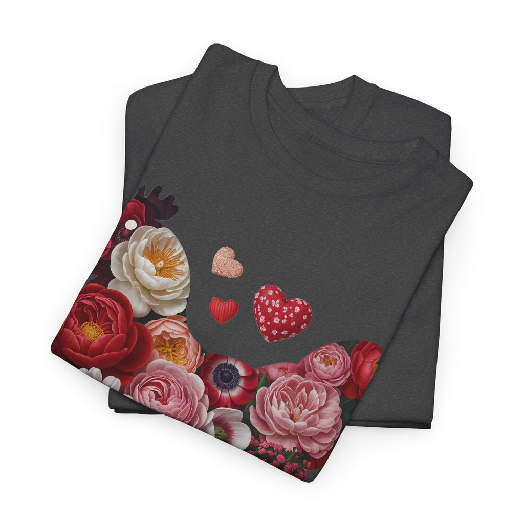 Floral Chicken Heart Tee — Red & Pink Flower Silhouette Unisex Cotton Tee