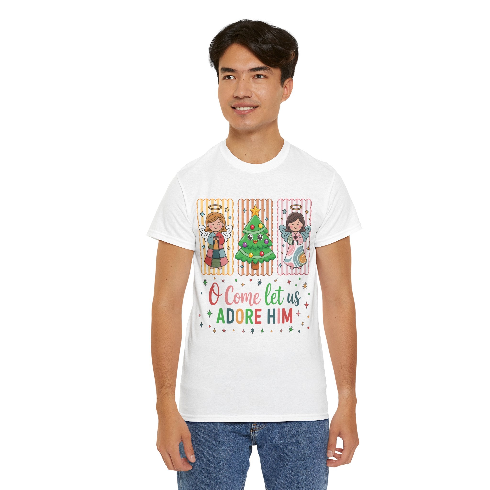 O Come Let Us Adore Him Christmas Tee — Smiling Angels & Happy Tree..Unisex Cotton Tee