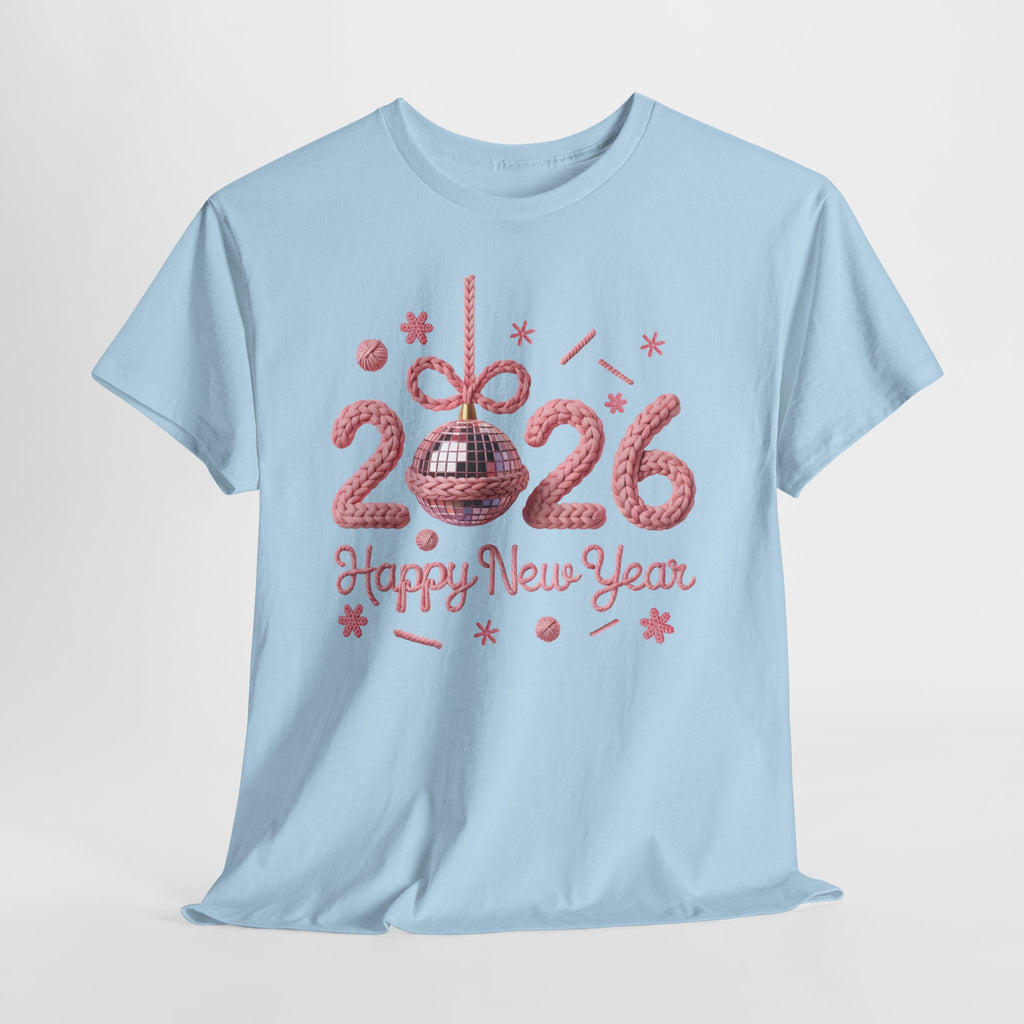 2026 Happy New Year Pink Knitted Disco Ball Unisex Cotton Tee