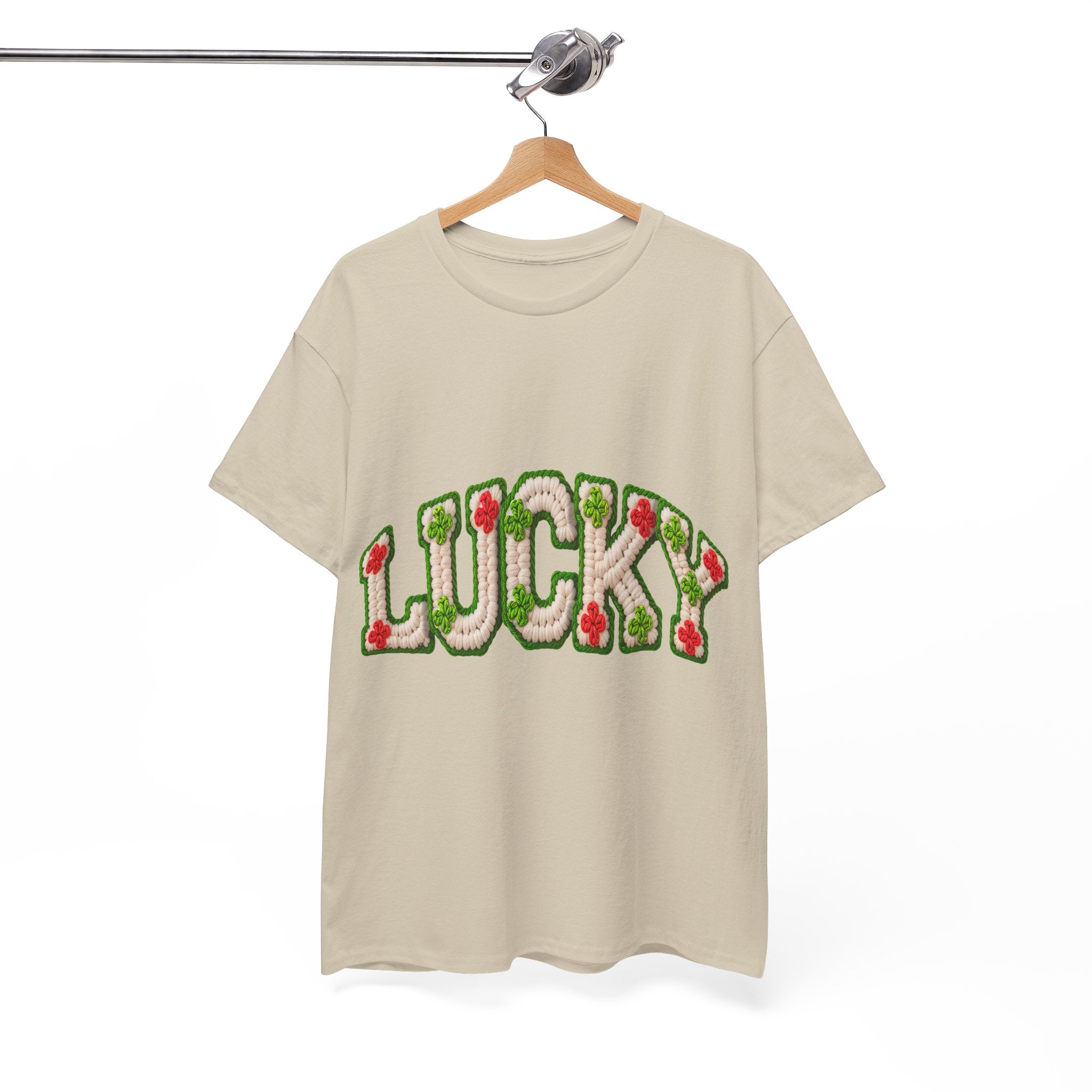 Lucky Crochet Clover T-Shirt — Faux-Yarn Embroidered St. Patrick’s Unisex Cotton Tee