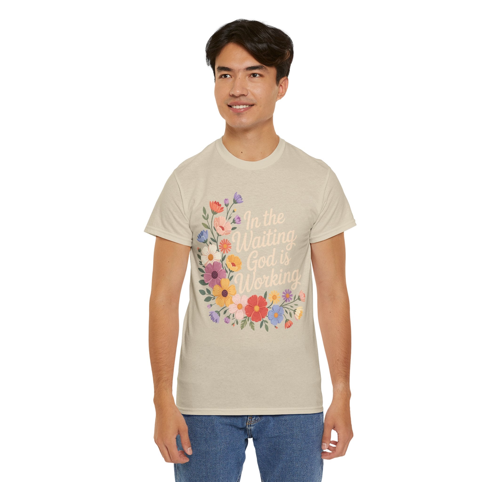 Pastel Floral “In the Waiting God Is Working” Unisex Cotton T-Shirt