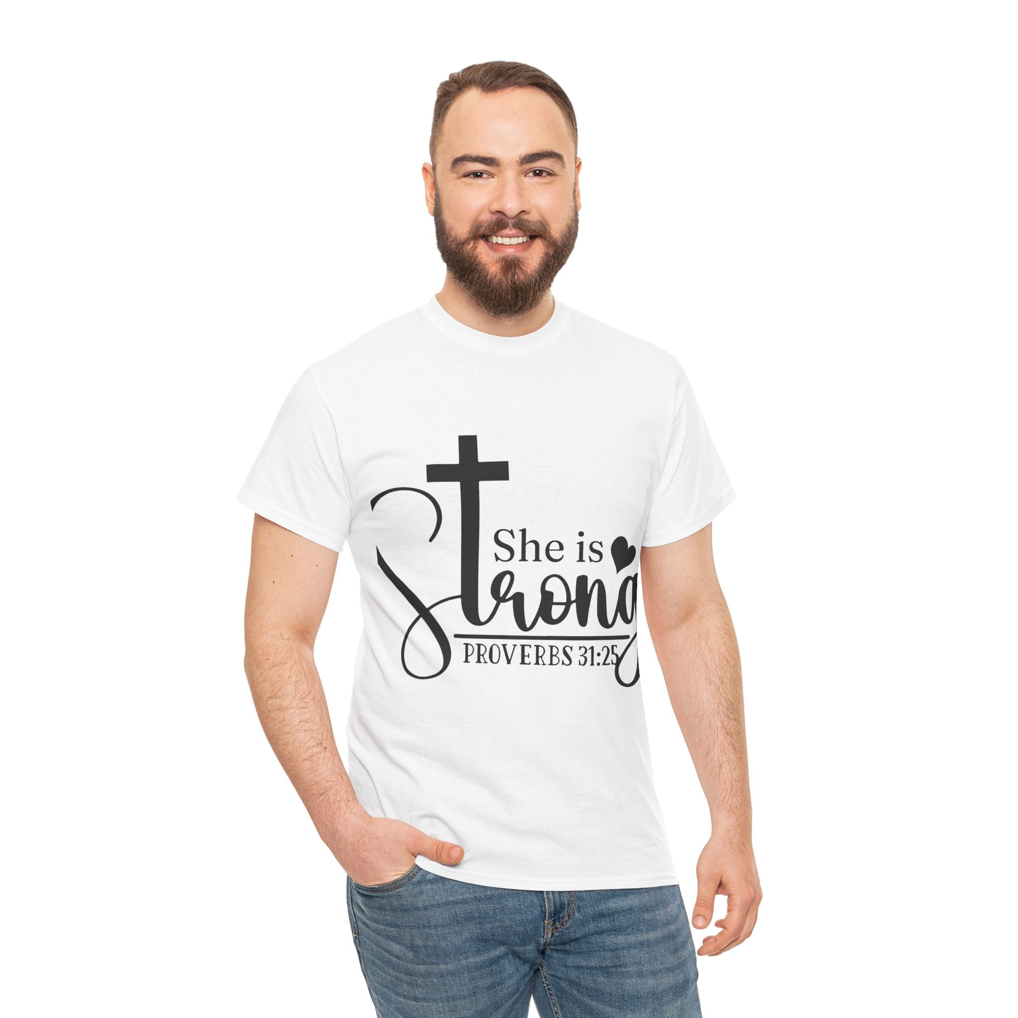 Proverbs 31:25 'She is Strong' T-Shirt – Christian Cross & Heart Unisex Cotton Tee