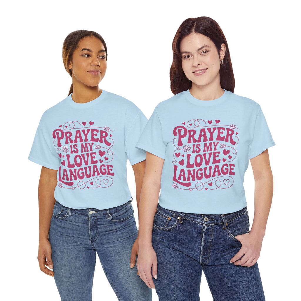 Prayer Is My Love Language Christian Tee — Pastel Pink Hearts Unisex Cotton Tee