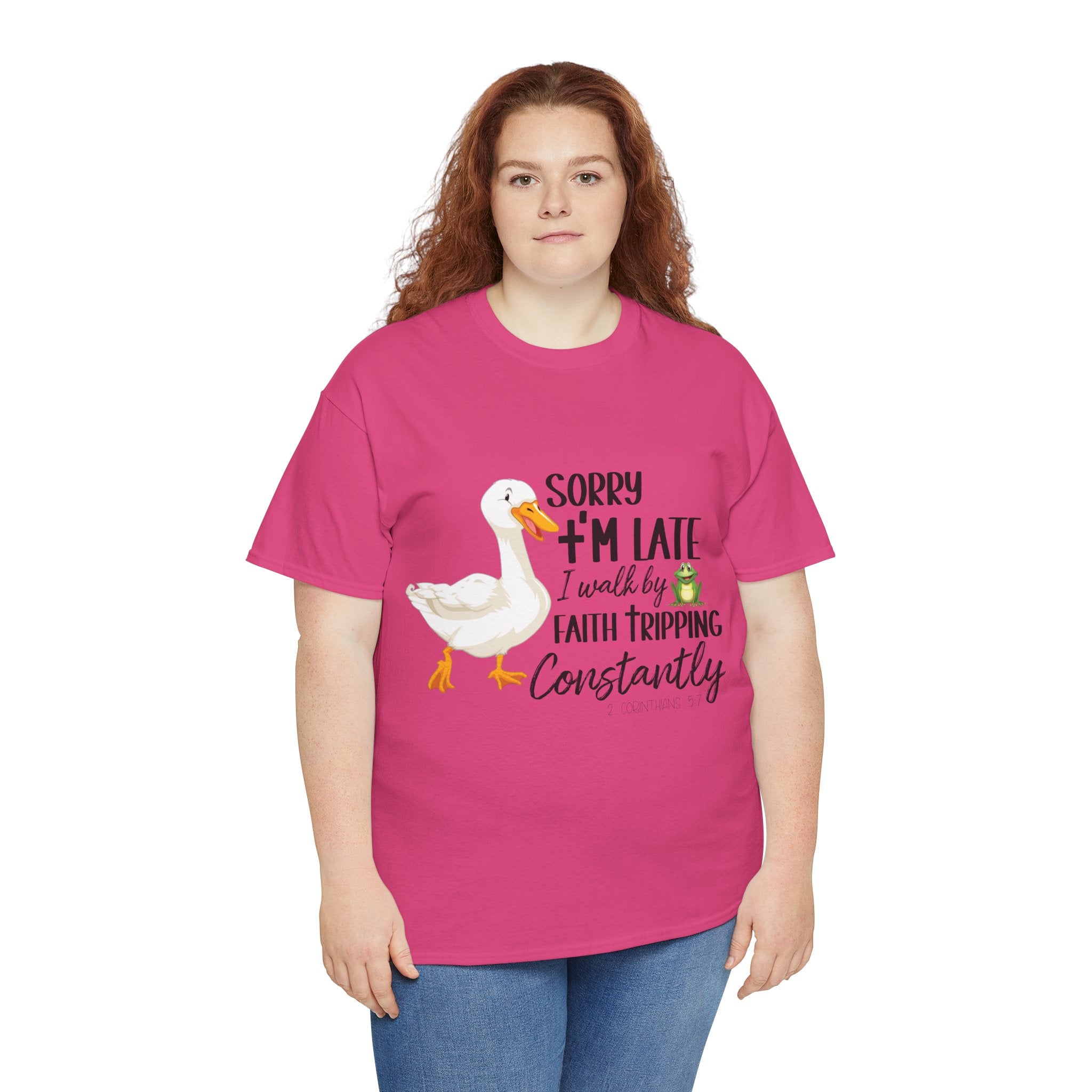 Christian Humor T-Shirt — “Sorry I’m Late, I Walk by Faith Tripping Constantly” (Duck & Frog). Unisex Cotton Tee