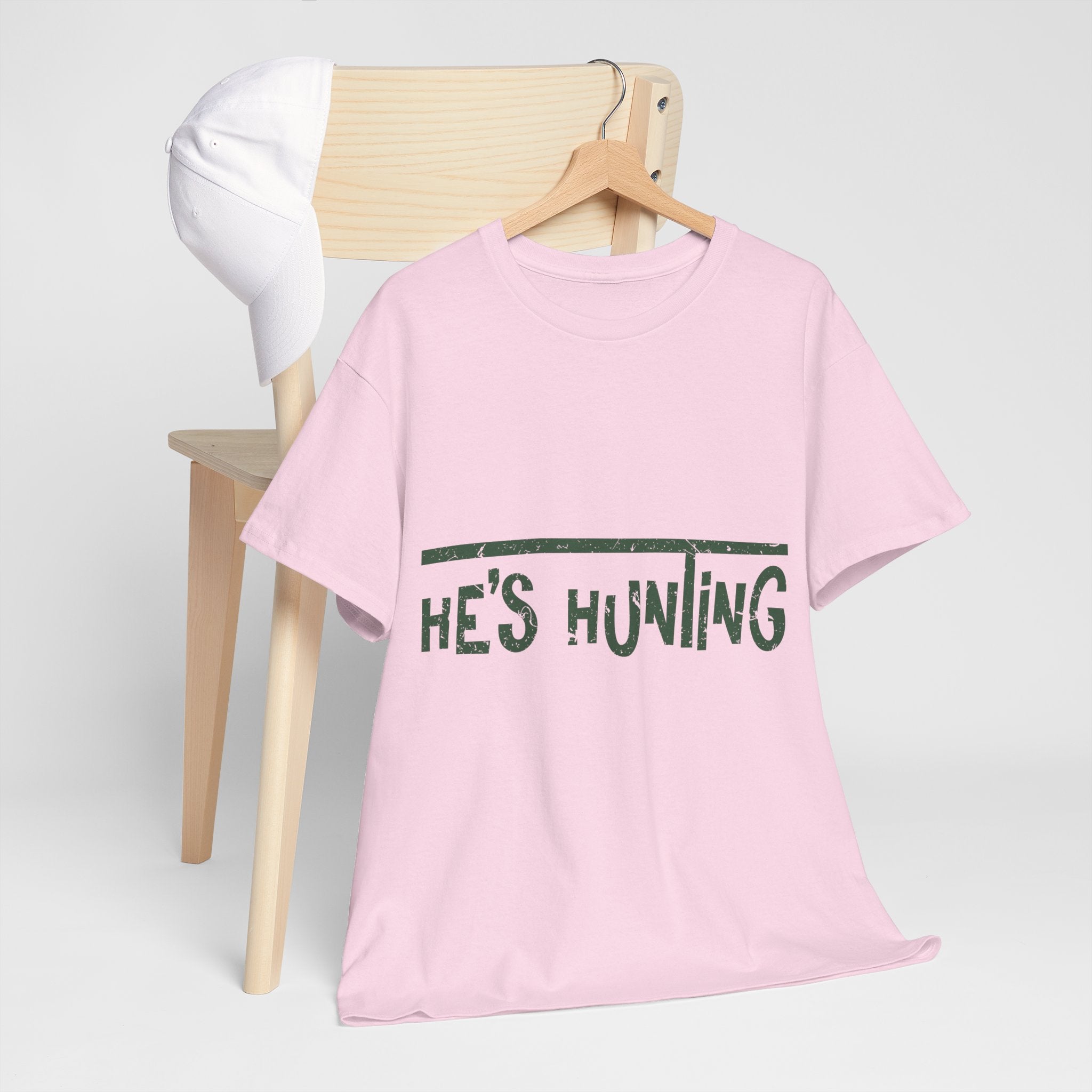 He’s Hunting Distressed Tee — Minimalist Tan Hunting Unisex Cotton Tshirt