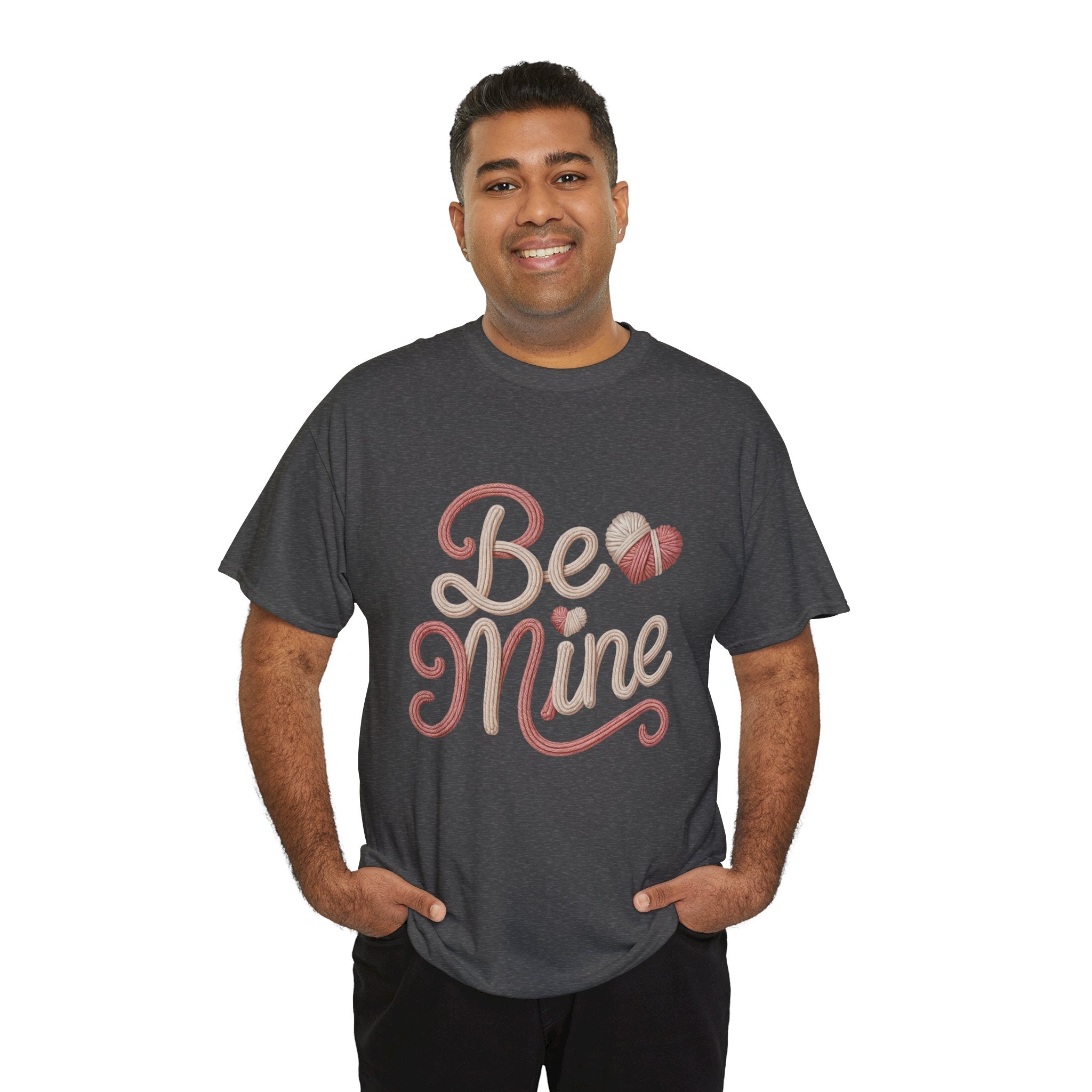 Be Mine Yarn Heart T-Shirt — Valentine’s Faux-Yarn Pink & Cream Unisex Cotton Tee