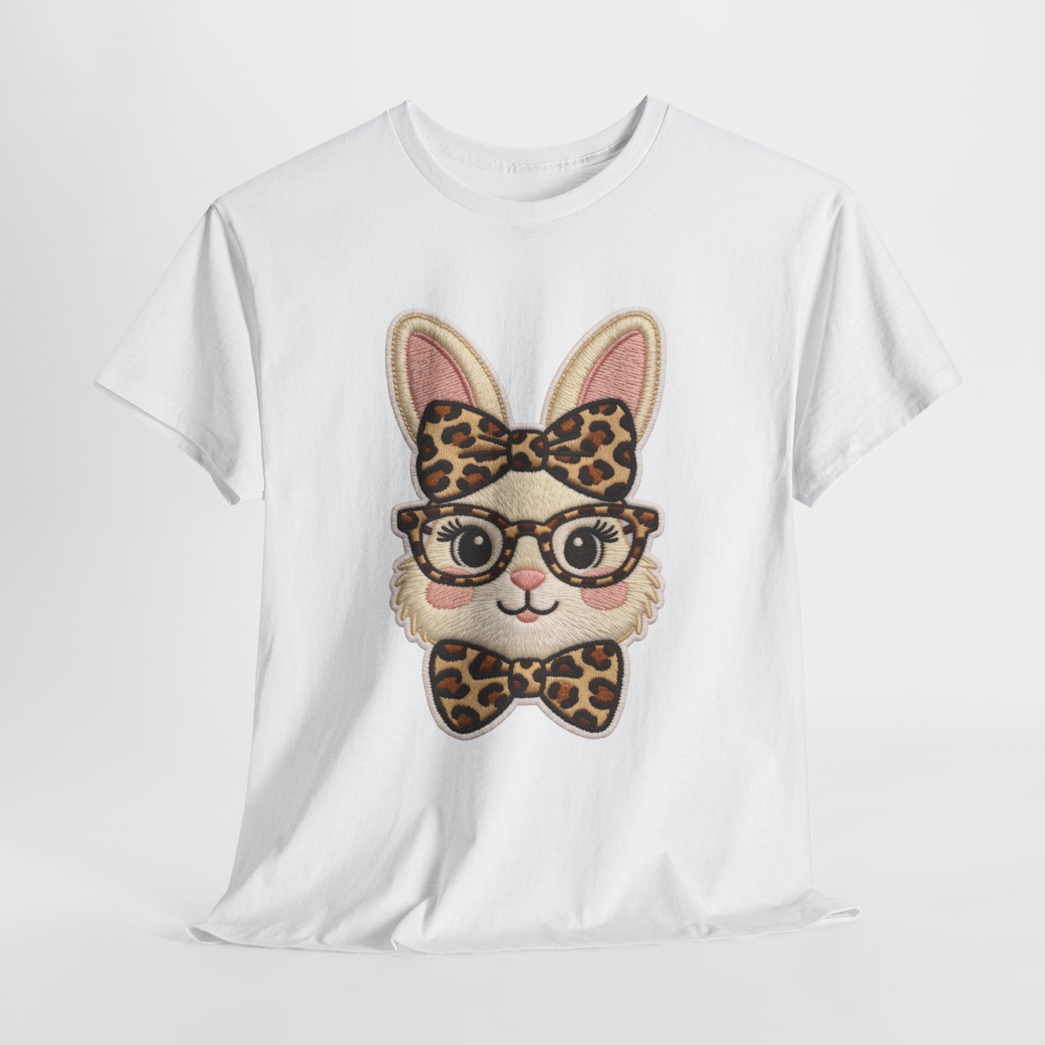 Leopard Bow Bunny Embroidered Tee — Cute Bunny Face with Glasses Patch Unisex Cotton Tee