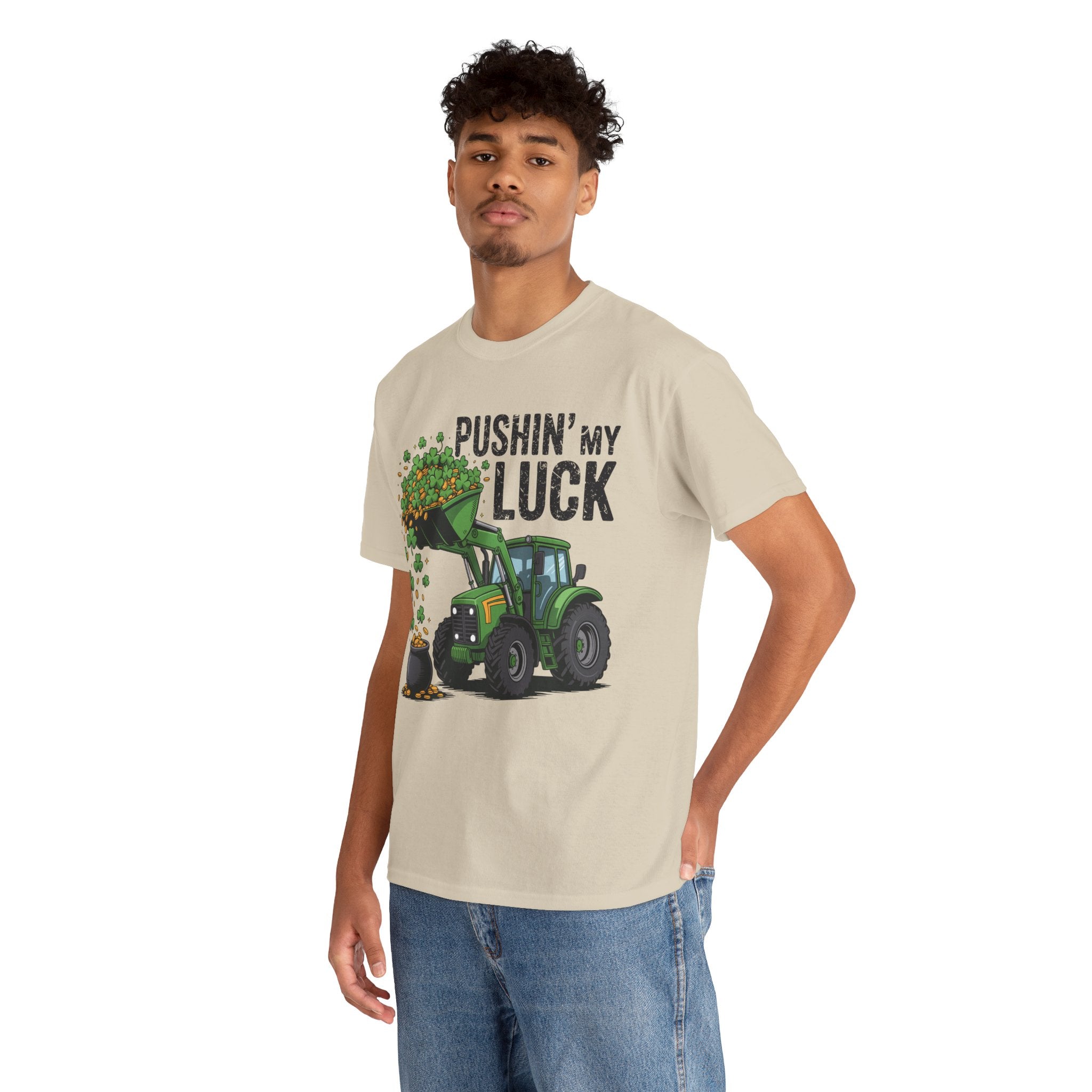 Pushin' My Luck Shamrock Tractor Tee — St. Patrick's Day Unisex Cotton T-Shirt