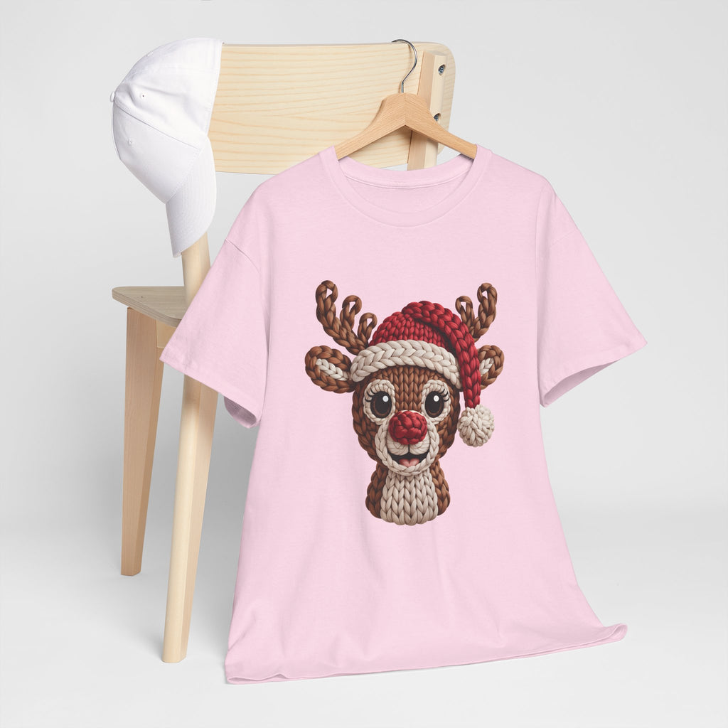 Reindeer in Santa Hat Cotton Tee — Joyful Faux-Yarn Holiday Unisex Coton T-Shirt