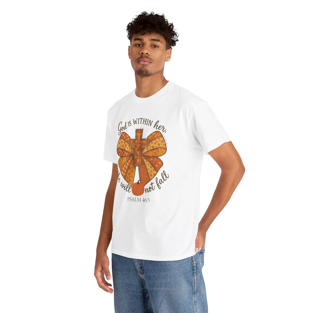 Psalm 46:5 Cross Patchwork Tee — Fall Bow Christian Unisex Cotton T-Shirt