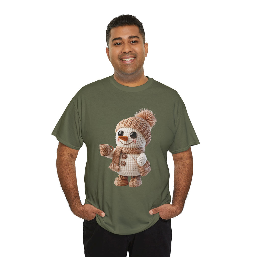 Cozy Snowman Tee — Smiling Snowman with Mug, Scarf & Beanie. Unisex Cotton Tee