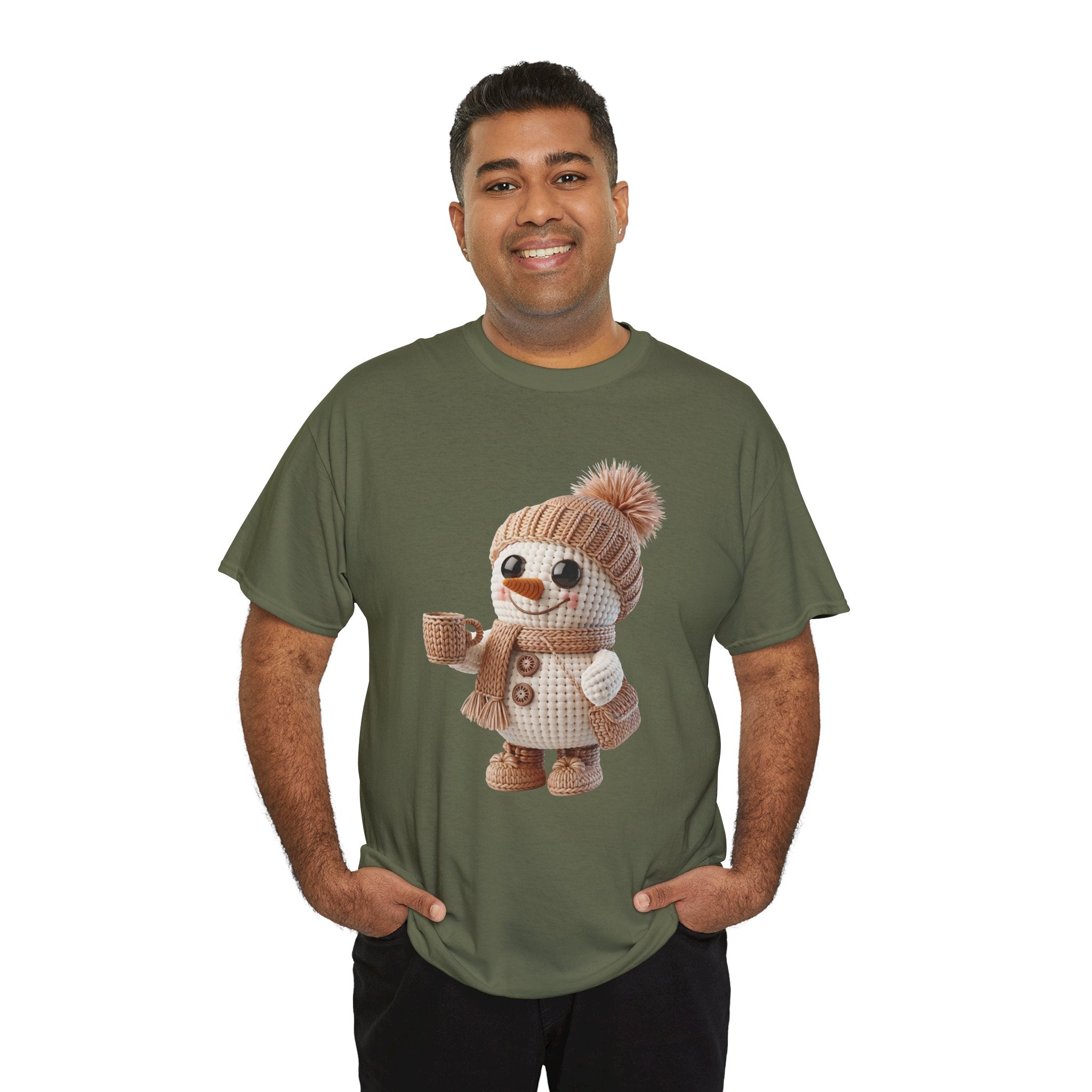 Cozy Snowman Tee — Smiling Snowman with Mug, Scarf & Beanie. Unisex Cotton Tee