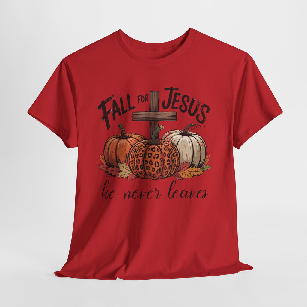 Fall for Jesus Pumpkin Cross Tee — "He Never Leaves" Autumn Christian Unisex Cotton T-Shirt
