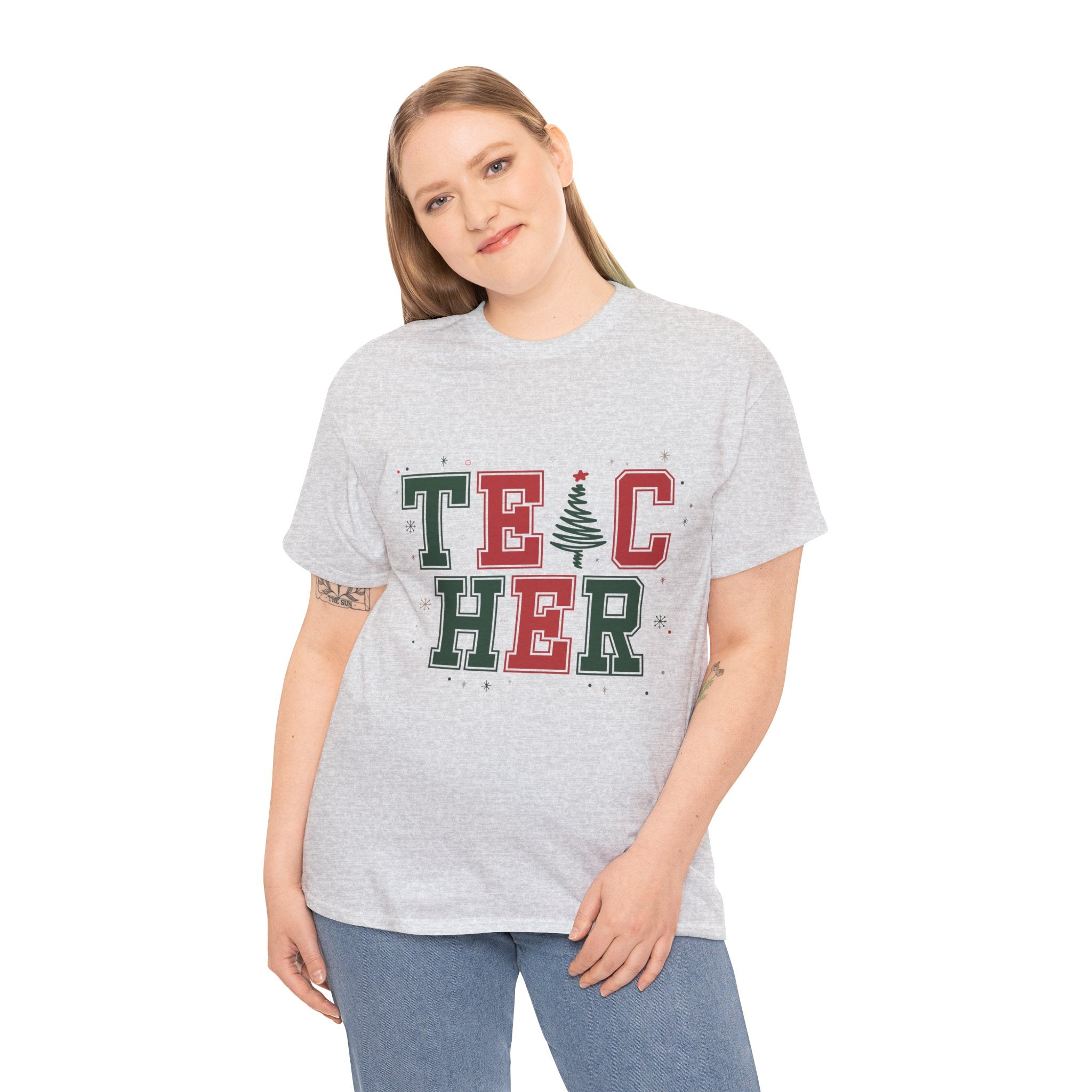 Teacher Christmas Varsity T-Shirt — Red & Green Holiday Unisex Cotton Tee