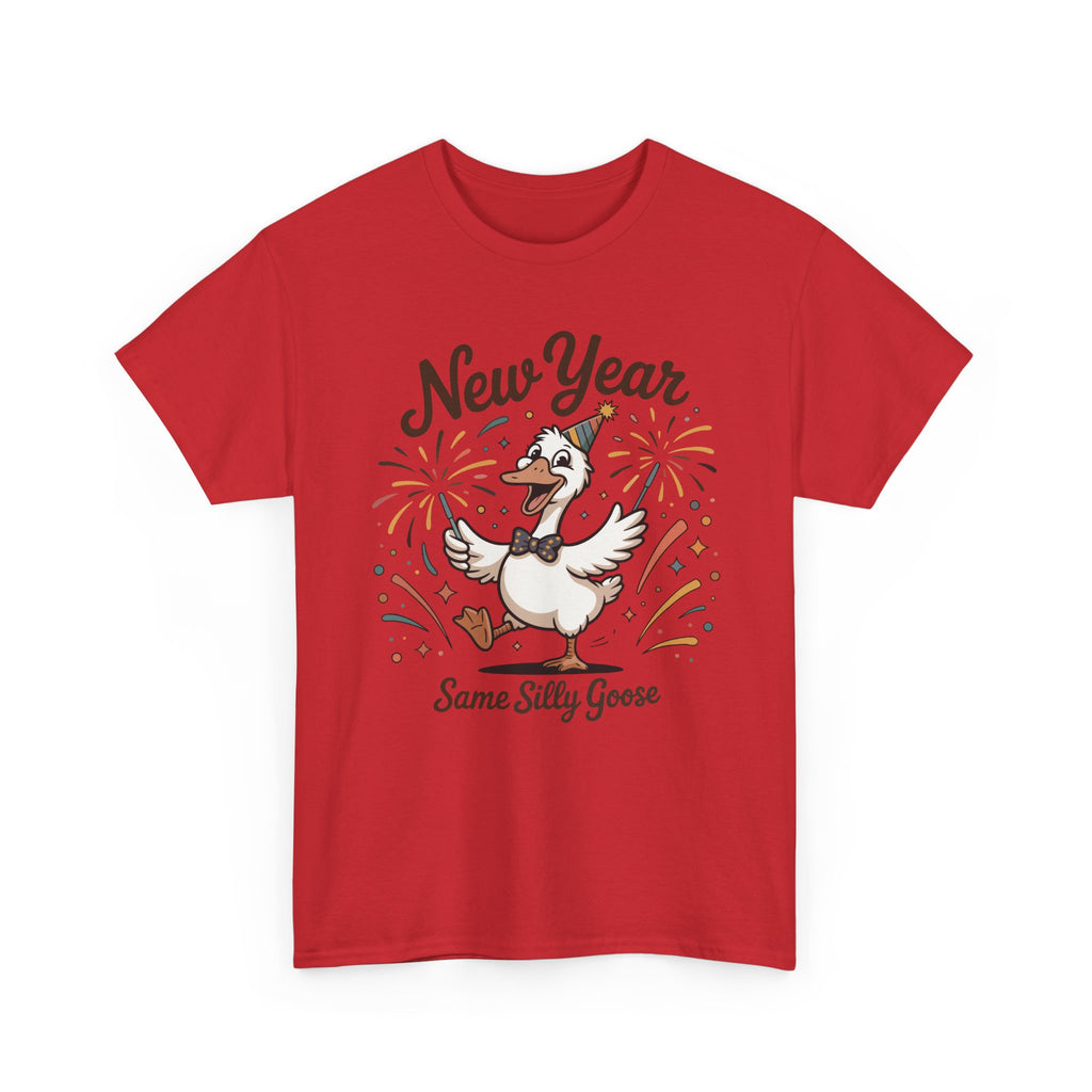 Happy Goose New Year T-Shirt — Party Hat, Fireworks & Confetti Unisex Cotton Tee