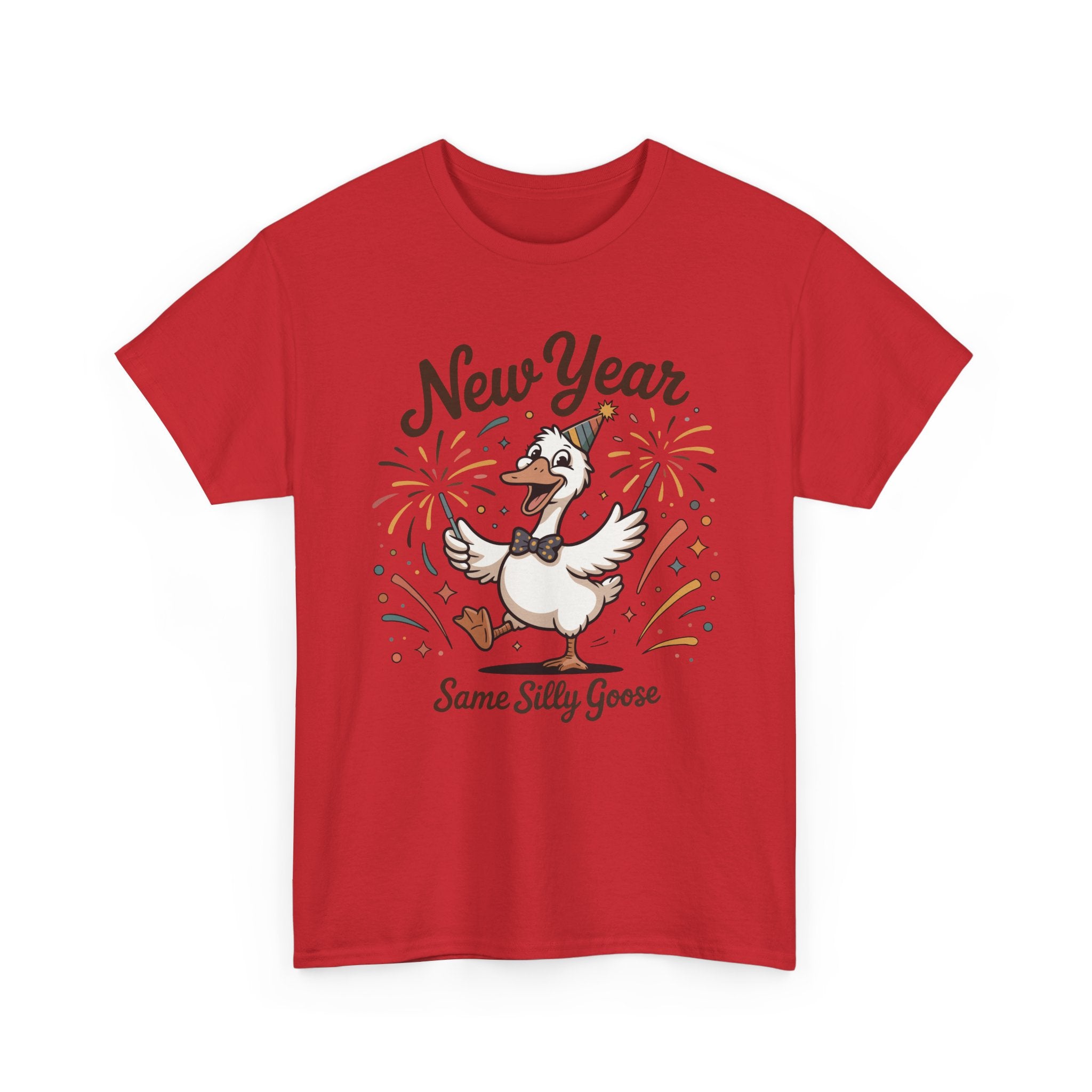 Happy Goose New Year T-Shirt — Party Hat, Fireworks & Confetti Unisex Cotton Tee