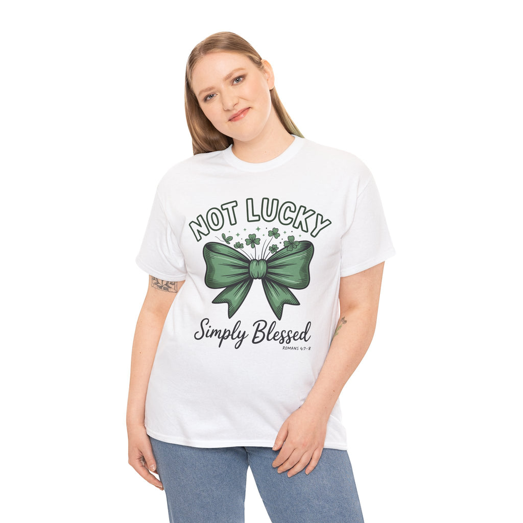 Not Lucky, Simply Blessed T-Shirt — Green Bow & Clovers St. Patrick’s Unisex Cotton Tee