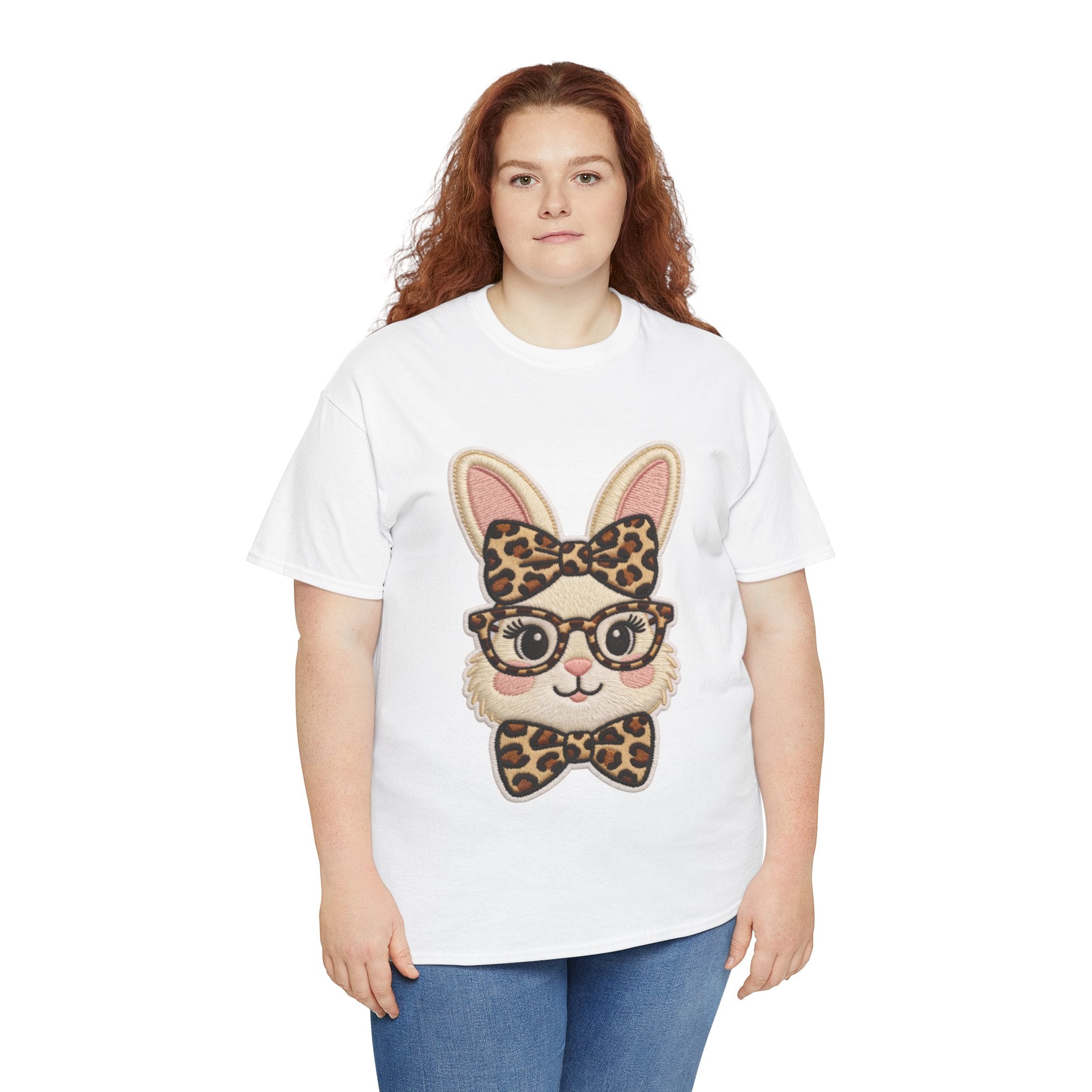 Leopard Bow Bunny Embroidered Tee — Cute Bunny Face with Glasses Patch Unisex Cotton Tee