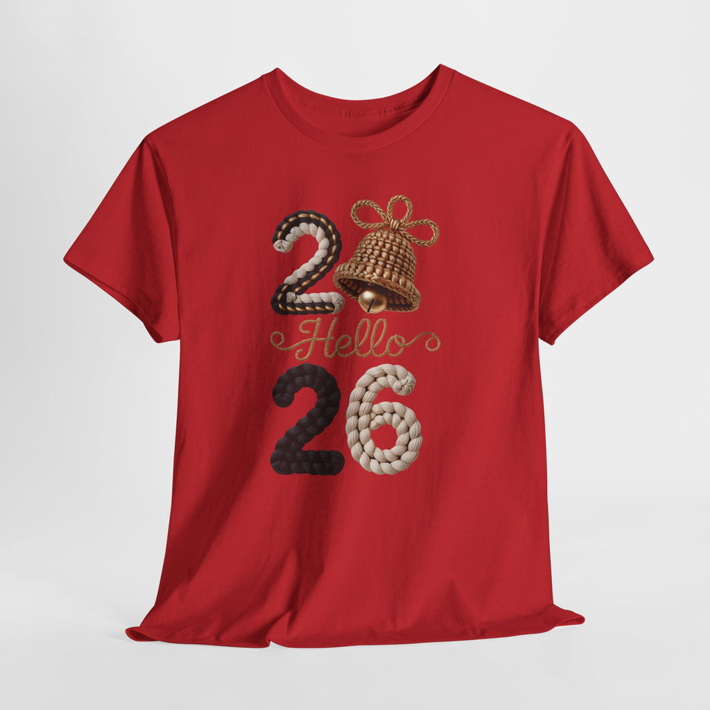 Hello 2026 Tee — Cozy Faux Yarn Braided Numbers with Woven Golden Bell..Unisex Cotton Tee