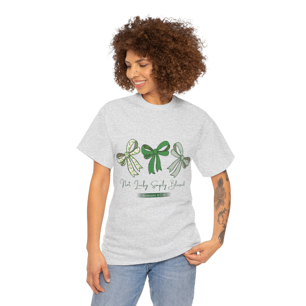 Not Lucky Simply Blessed Tee — Romans 4:7-8 Green Bow Christian Unisex Cotton T-Shirt