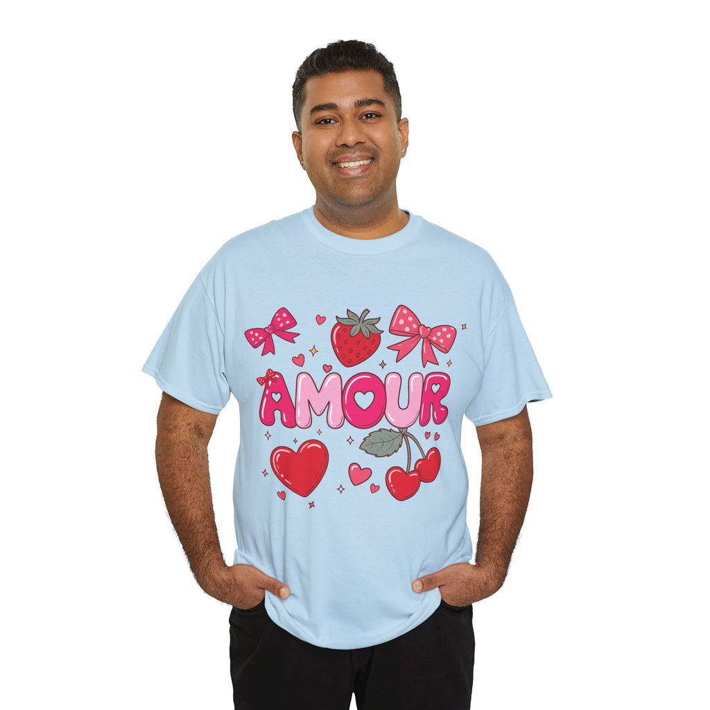 Amour Pink Hearts Tee — Shiny Lettering with Bows, Cherries & Strawberry Accent...Unisex Cotton Tee
